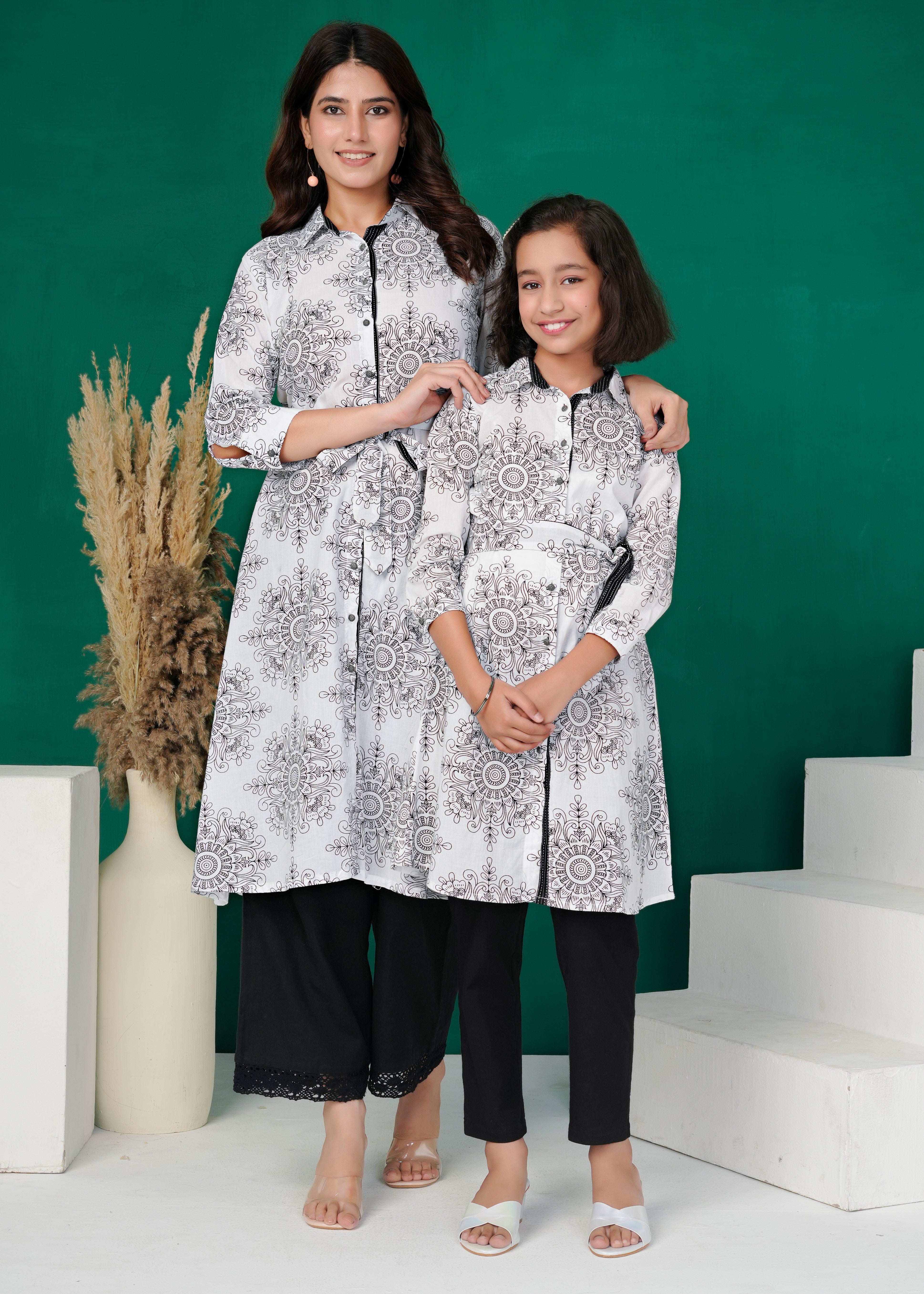 White Mandala Belted Shirt-Kurta