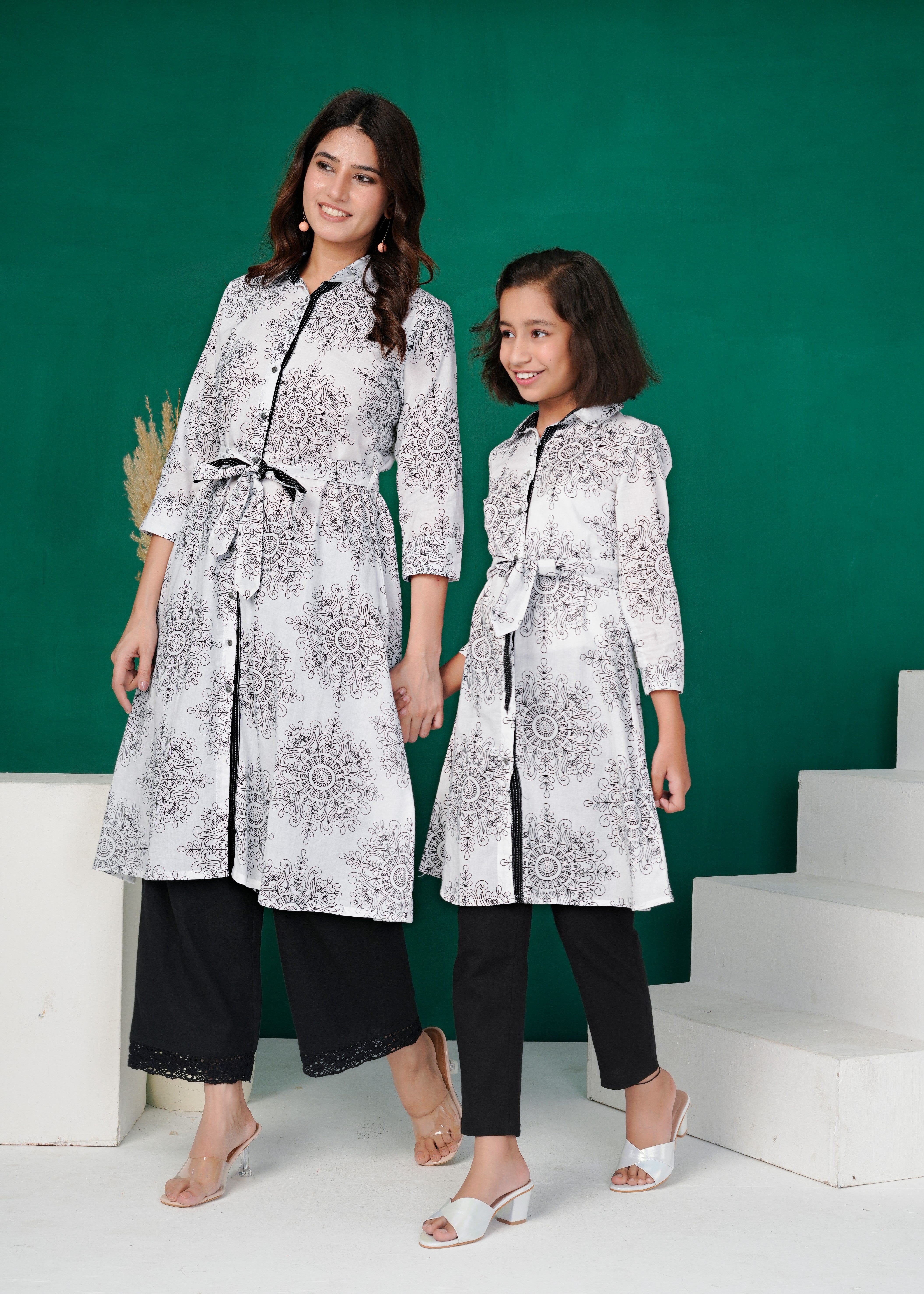 White Mandala Belted Shirt-Kurta