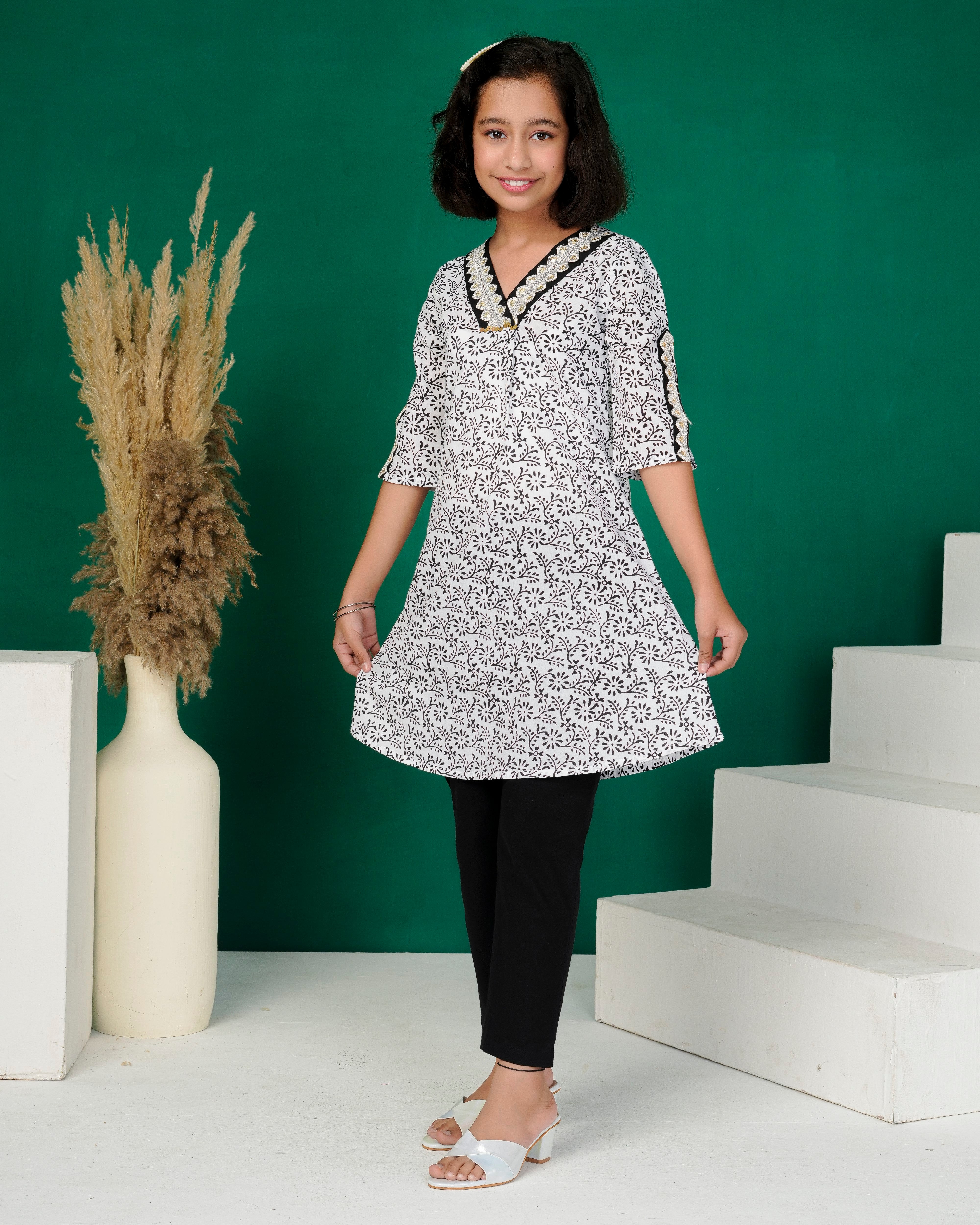White Black Speckle Straight Cut Cotton Kurti