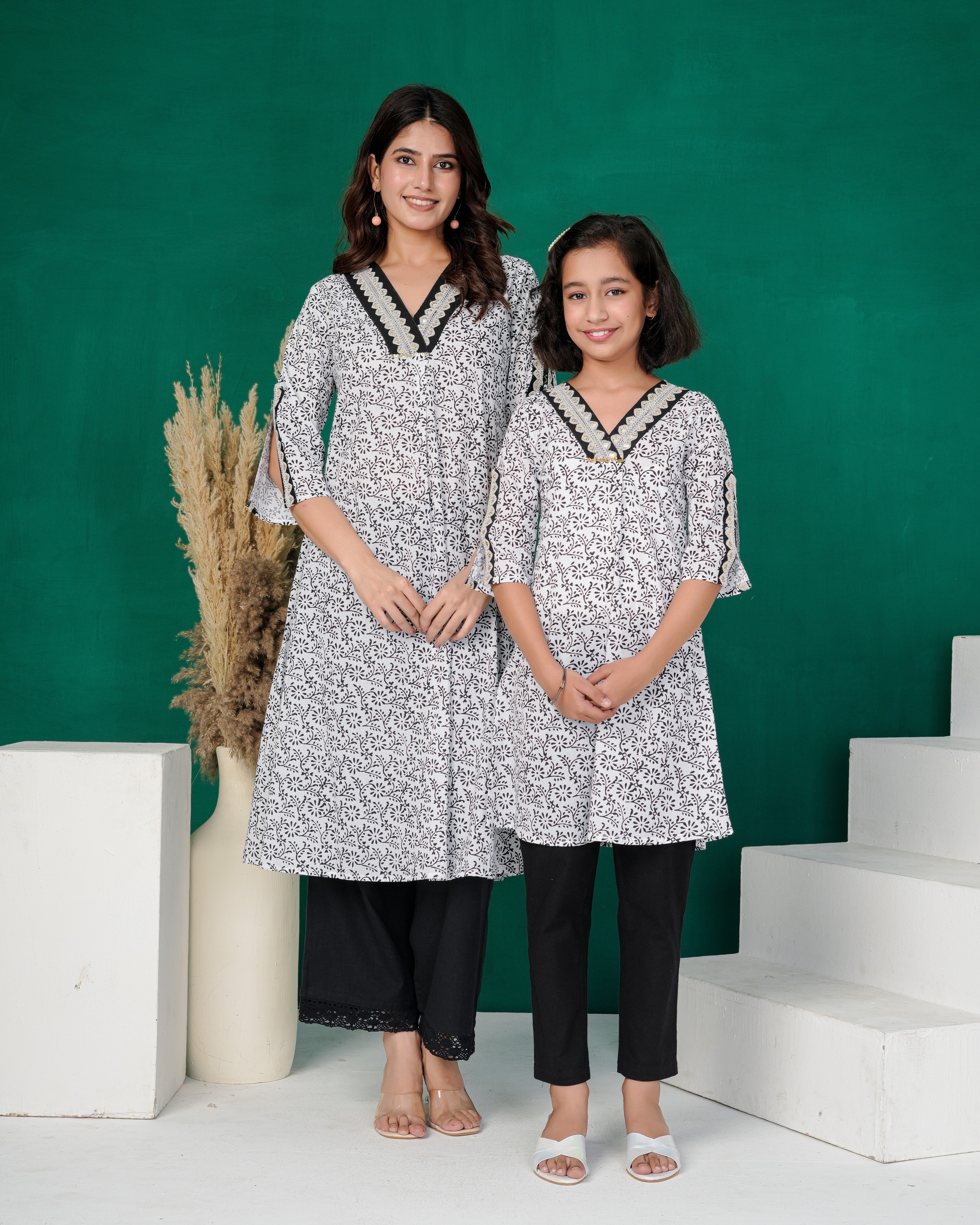 White Black Speckle Straight Cut Cotton Kurta
