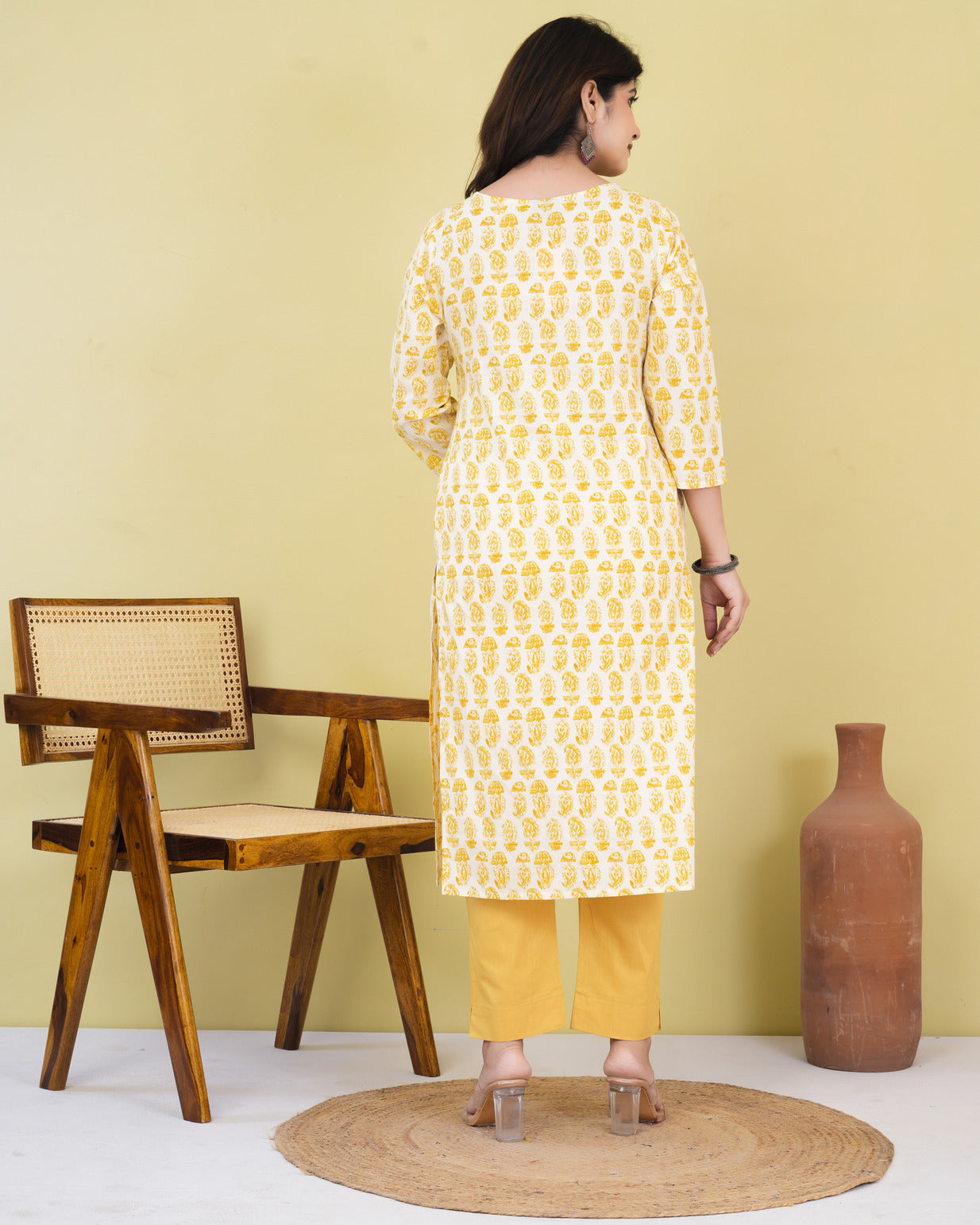 Yellow With Cream Print Cotton Kurti