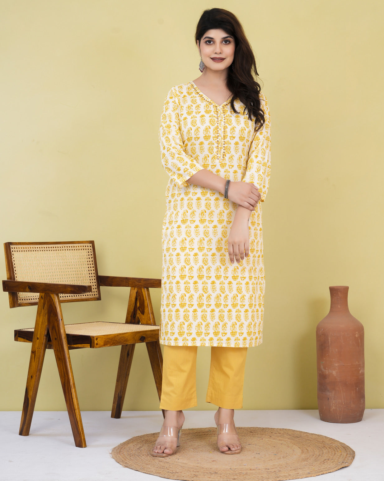 Yellow With Cream Print Cotton Kurti