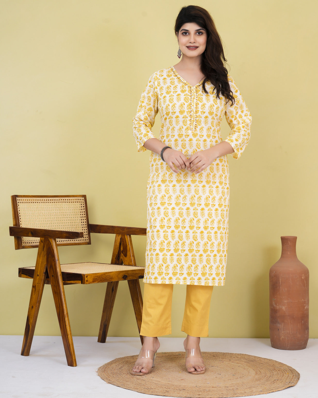 Yellow With Cream Print Cotton Kurti