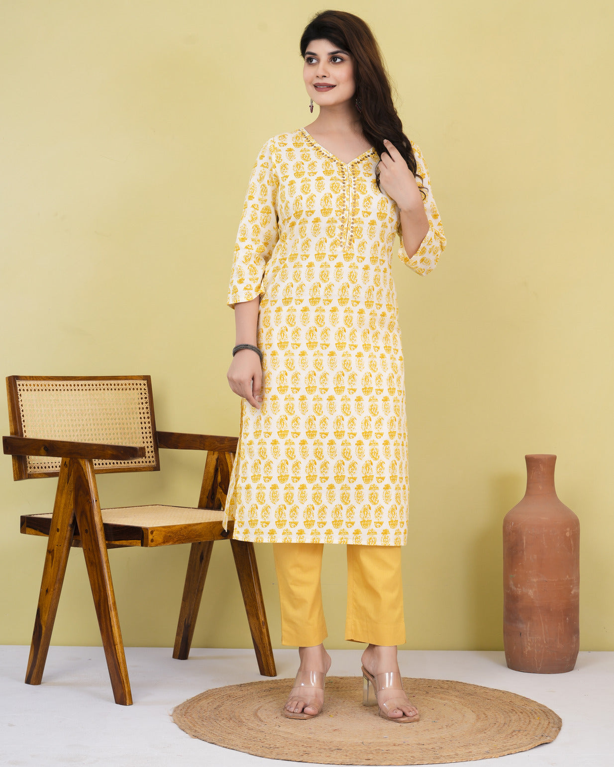 Yellow With Cream Print Cotton Kurti