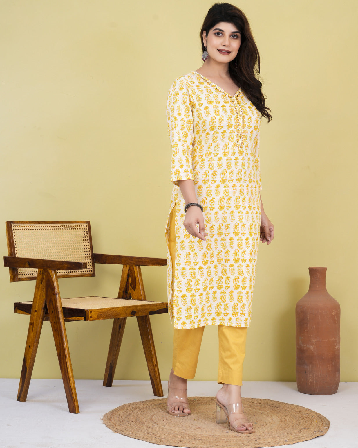 Yellow With Cream Print Cotton Kurti