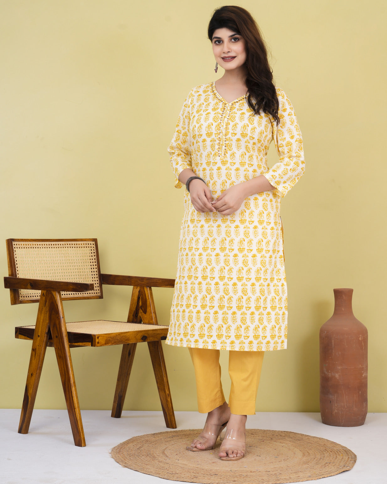 Yellow With Cream Print Cotton Kurti