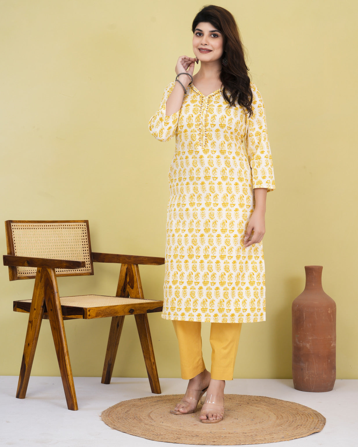 Yellow With Cream Print Cotton Kurti