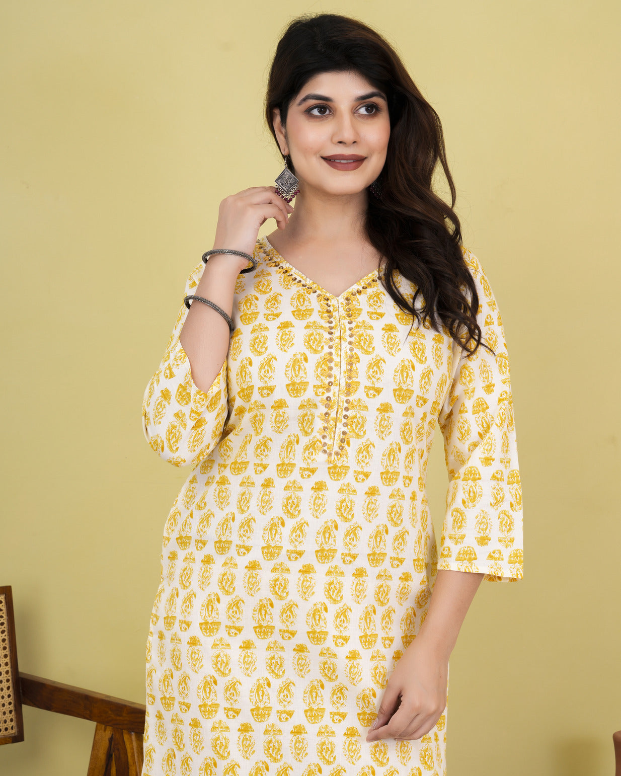 Yellow With Cream Print Cotton Kurti