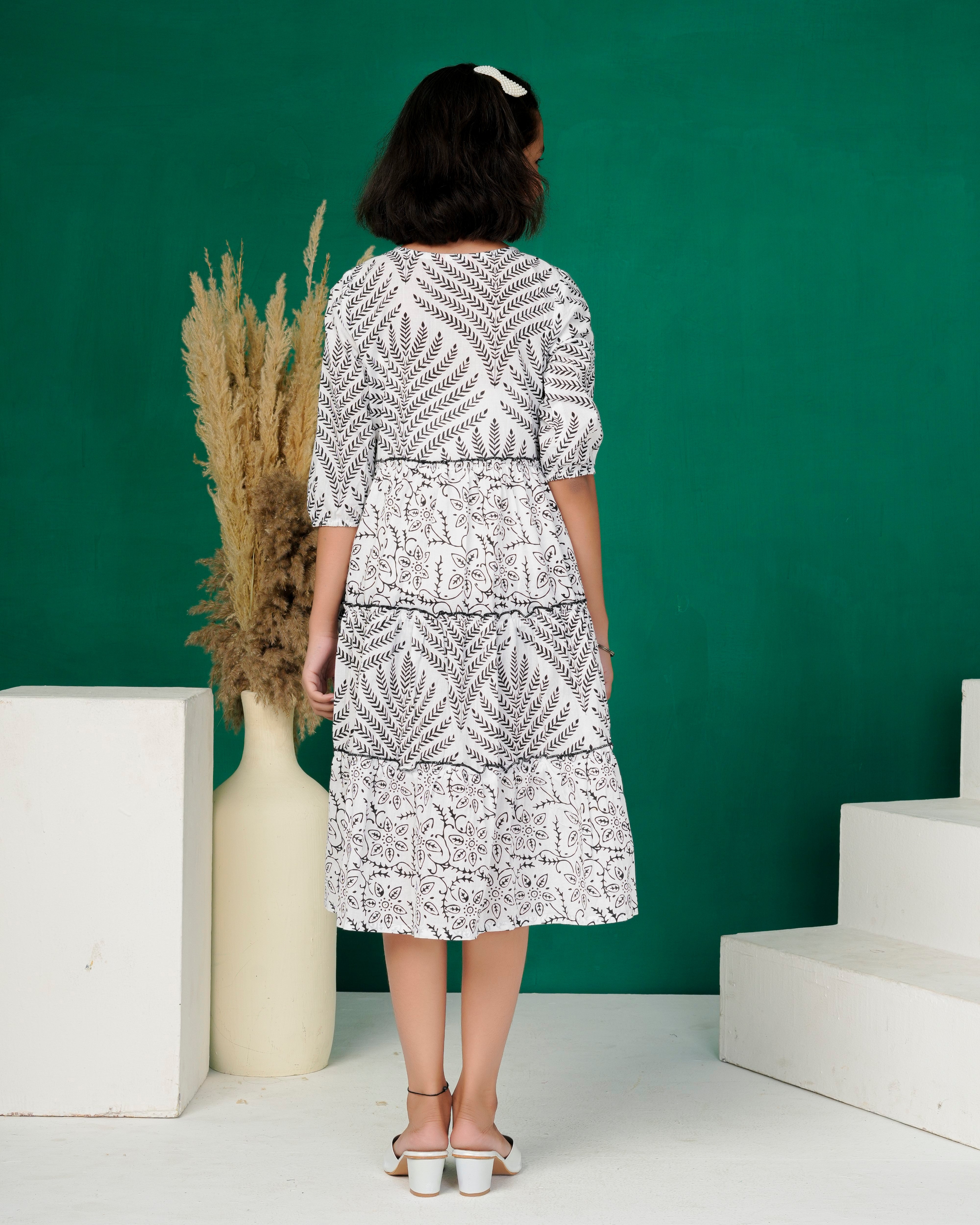 White Botanical Layered Cotton Kurti