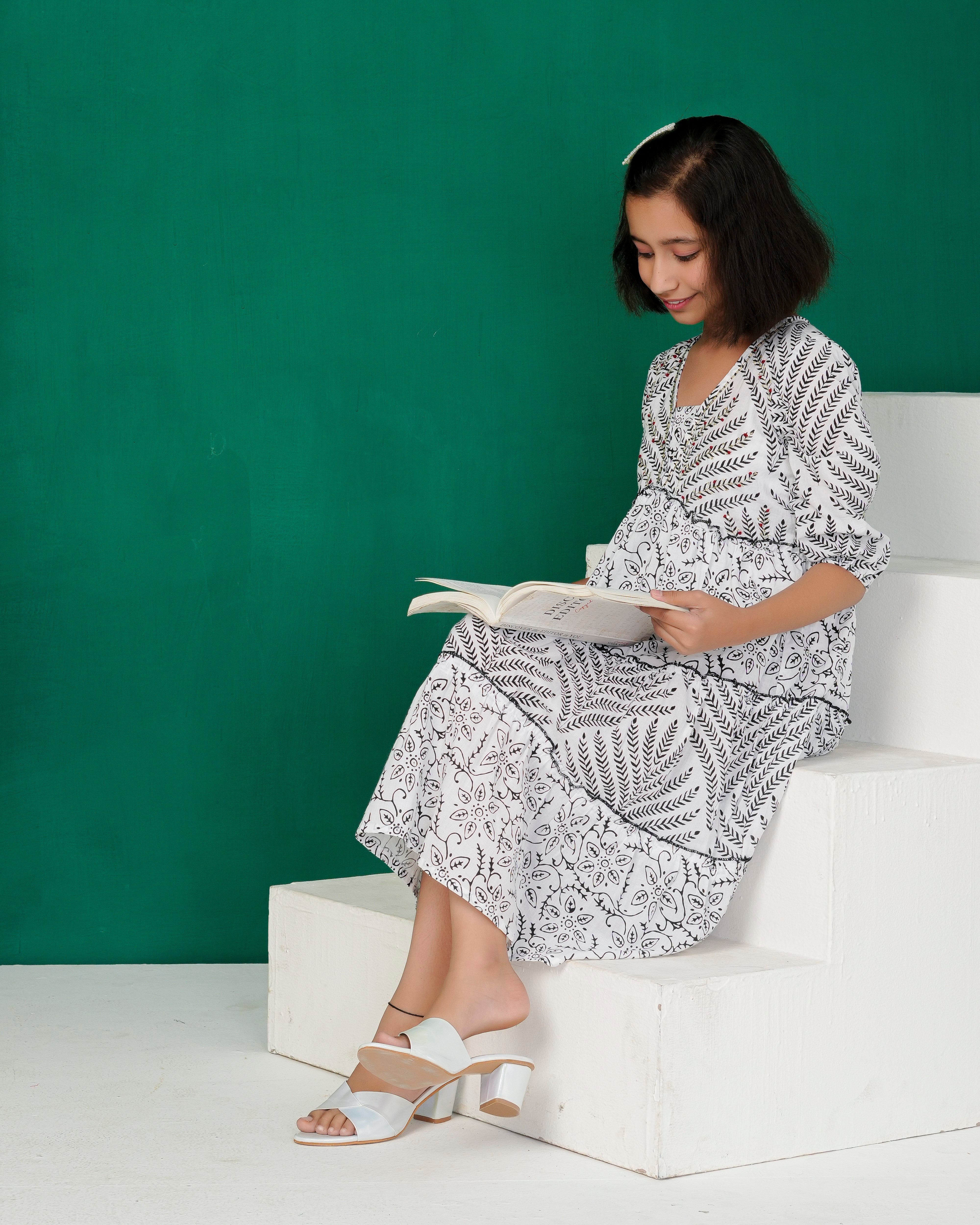 White Botanical Layered Cotton Kurti