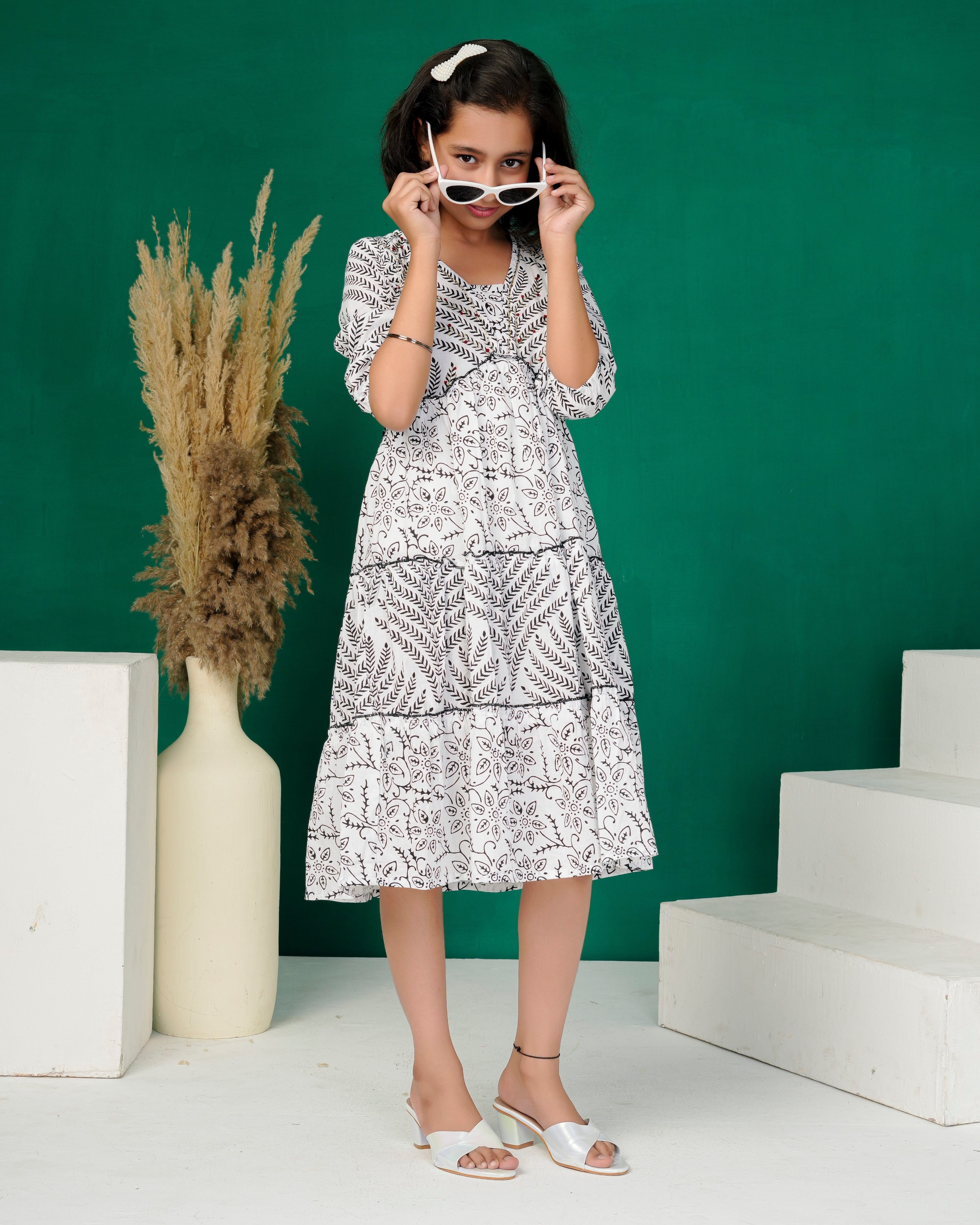 White Botanical Layered Cotton Kurti