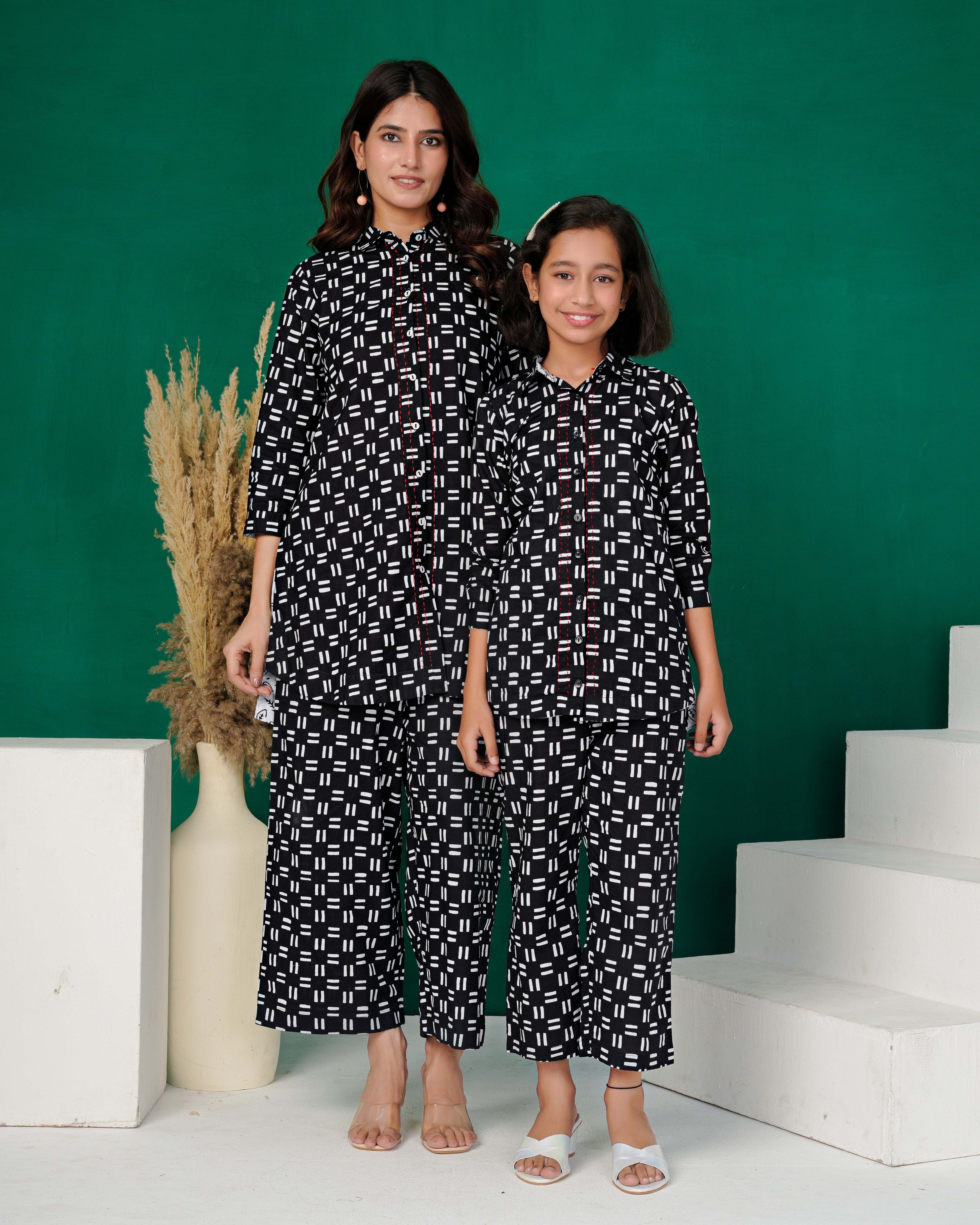 Black Cross-Weave Geometric Print Cotton Co-ords