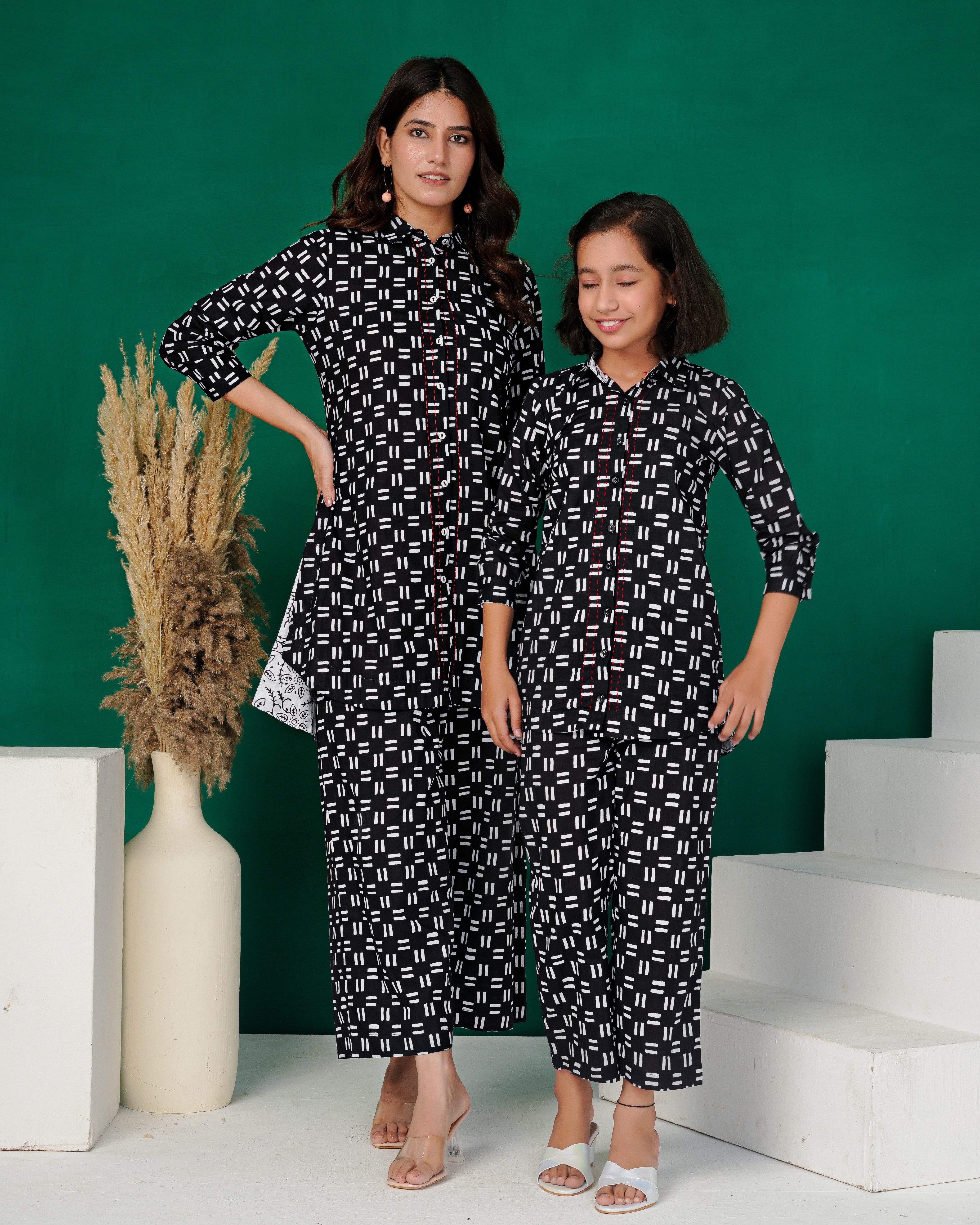 Black Cross-Weave Geometric Print Cotton Co-ords