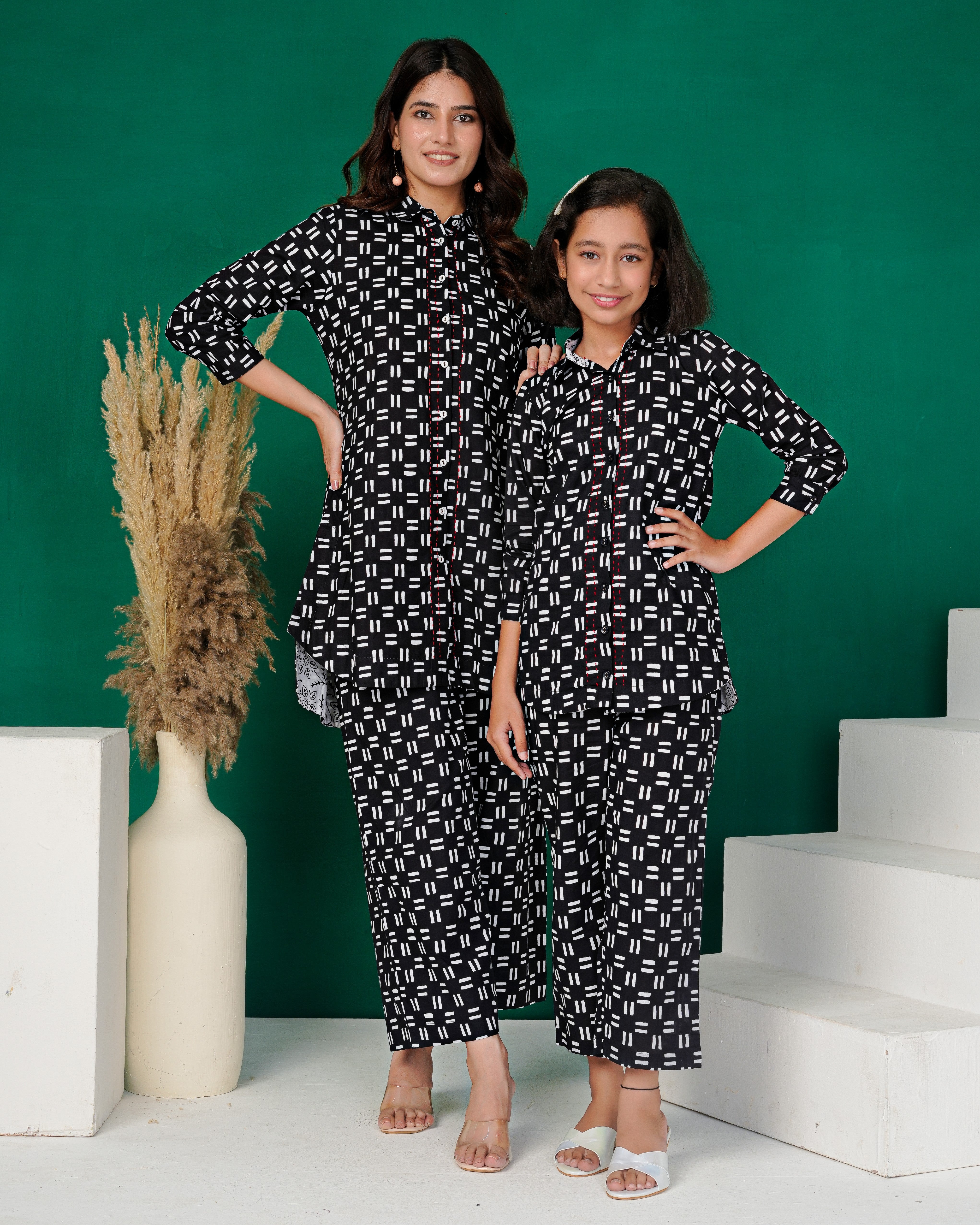 Black Cross-Weave Geometric Print Cotton Co-ords