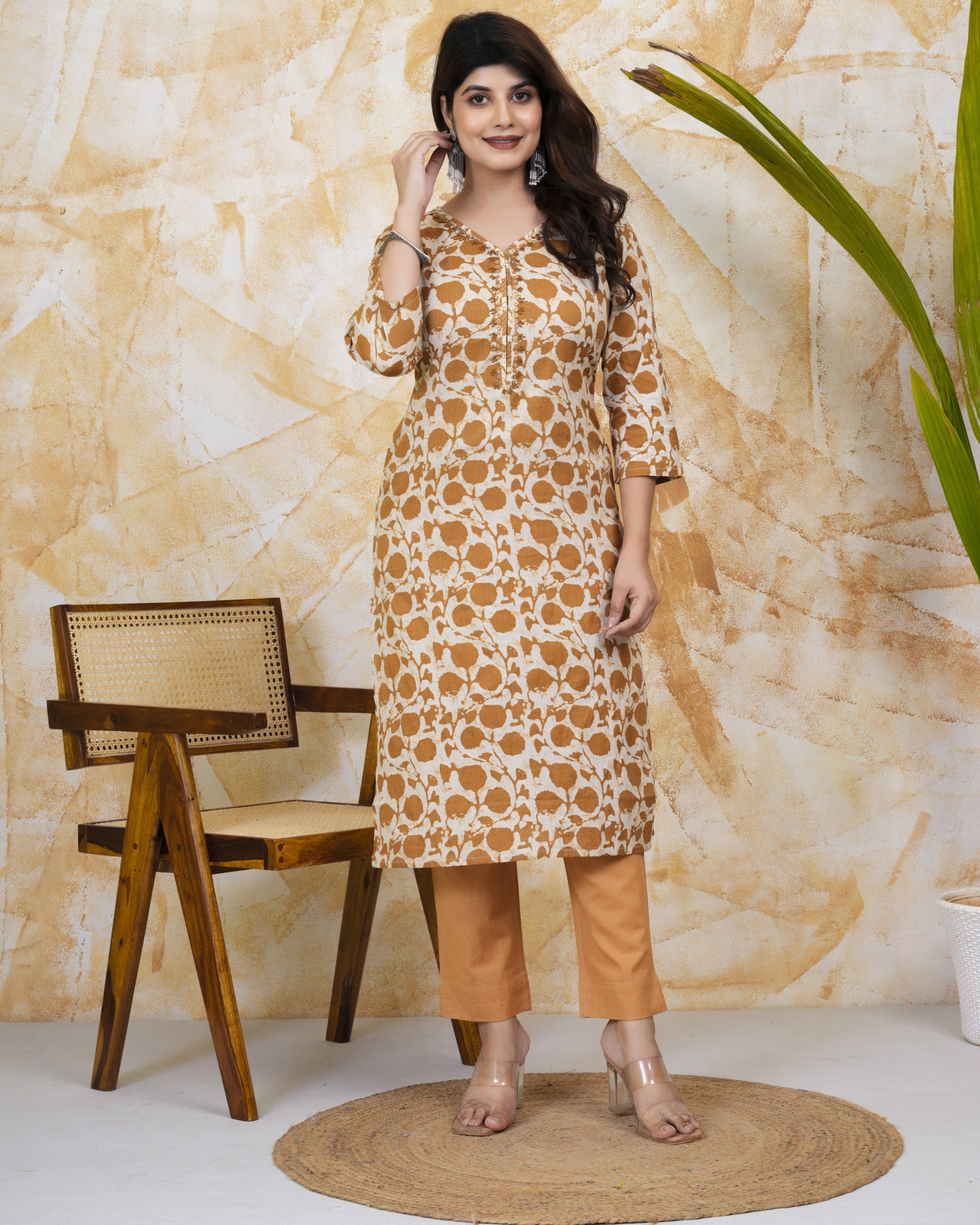 Gold With Beige Block Print Cotton Kurti