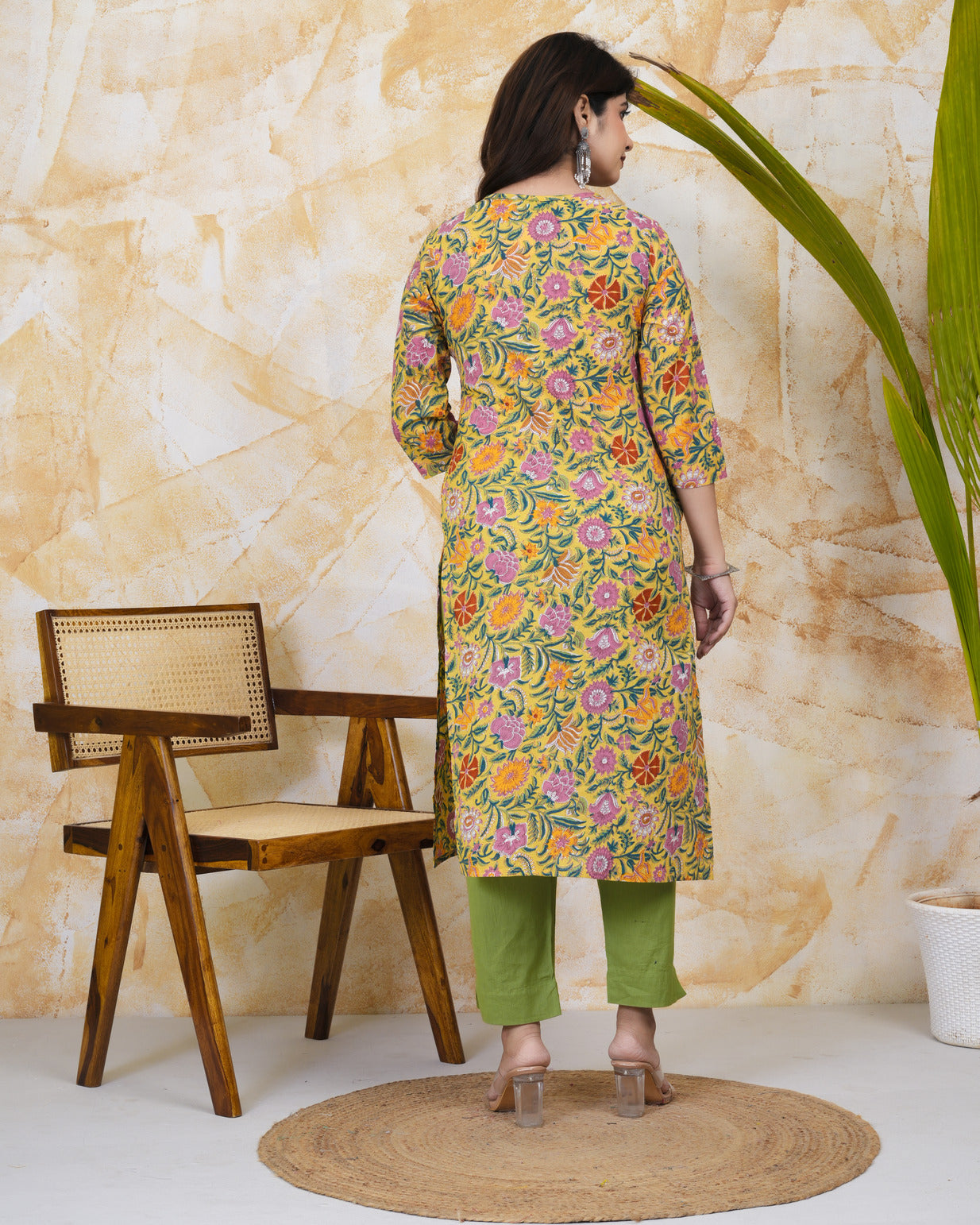 Yellow With Floral Print Cotton Kurti