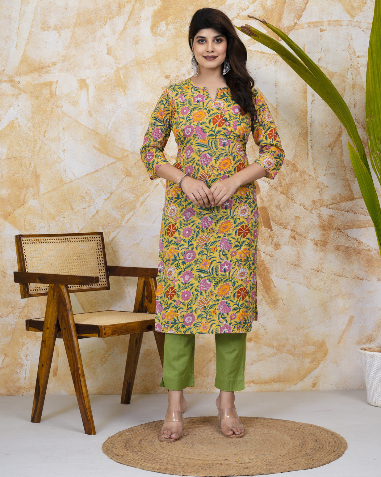 Yellow With Floral Print Cotton Kurti