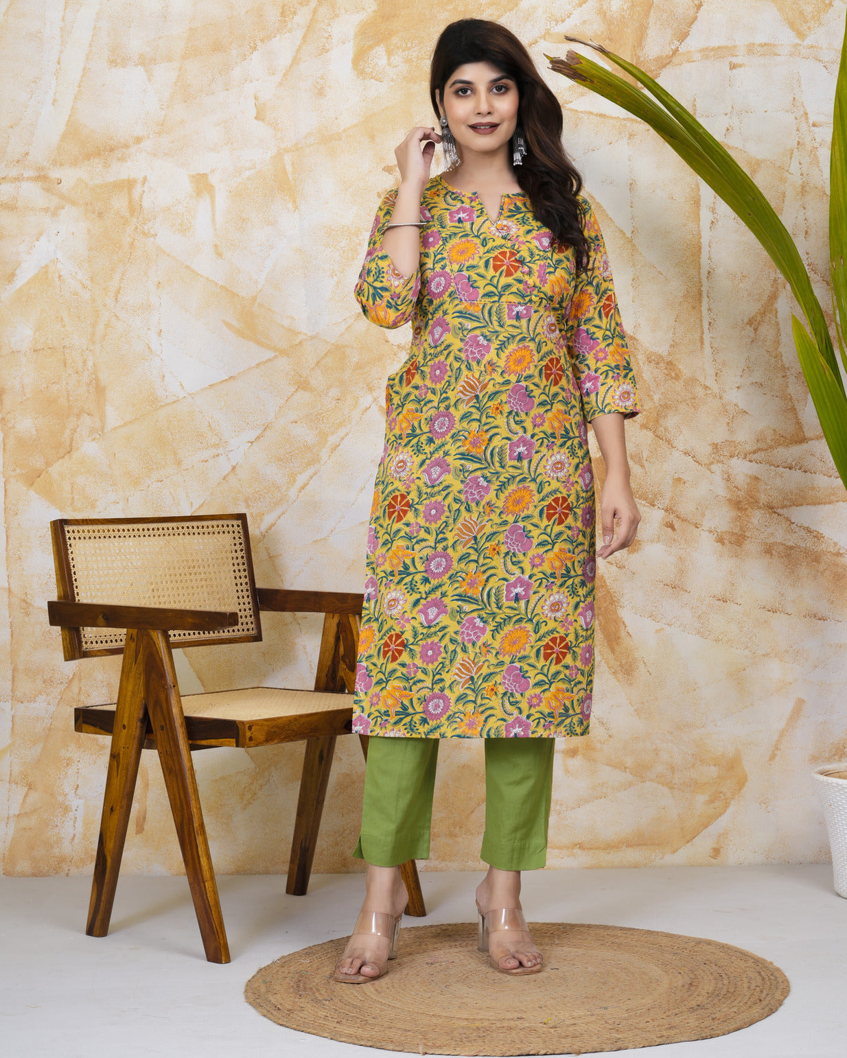 Yellow With Floral Print Cotton Kurti