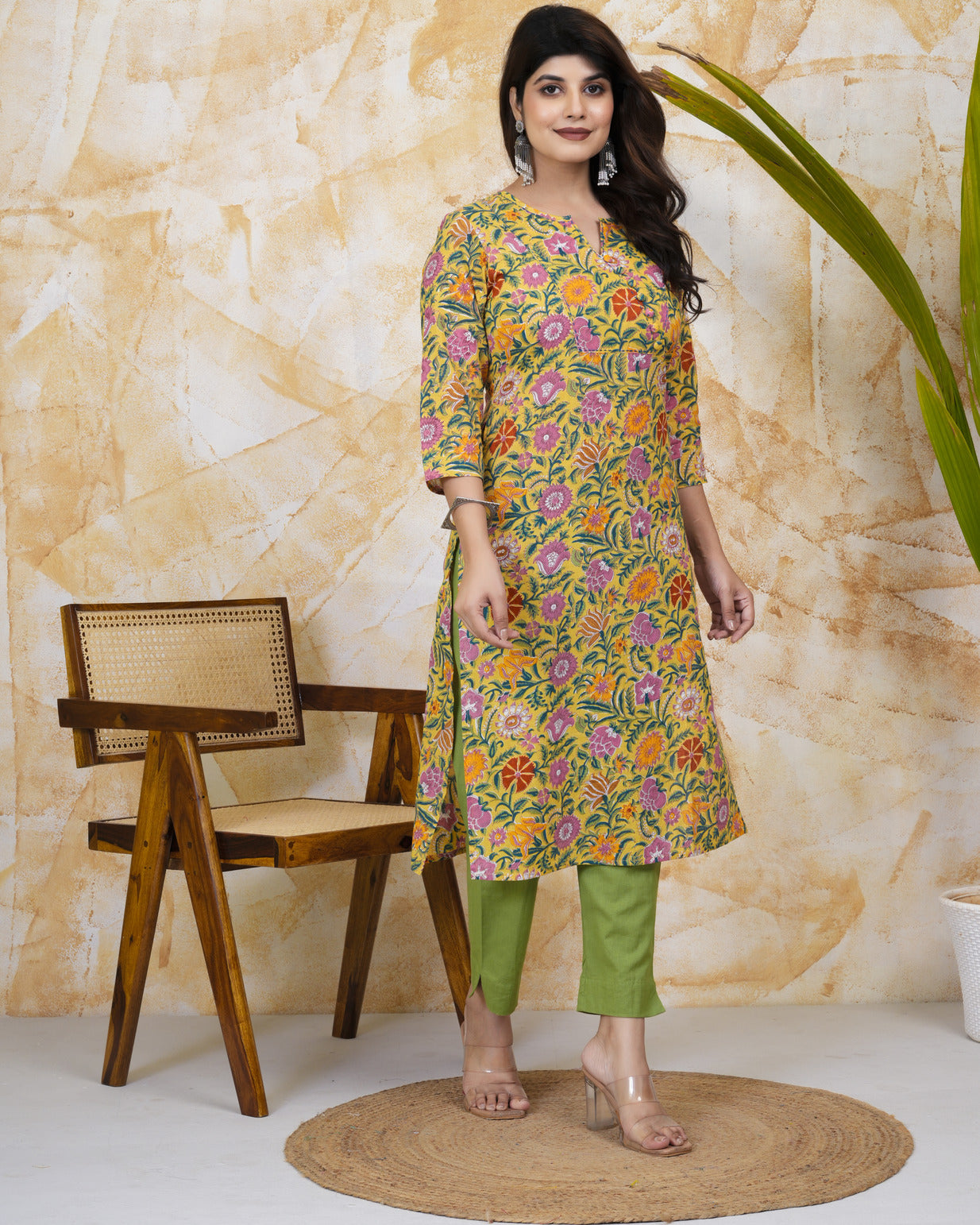 Yellow With Floral Print Cotton Kurti