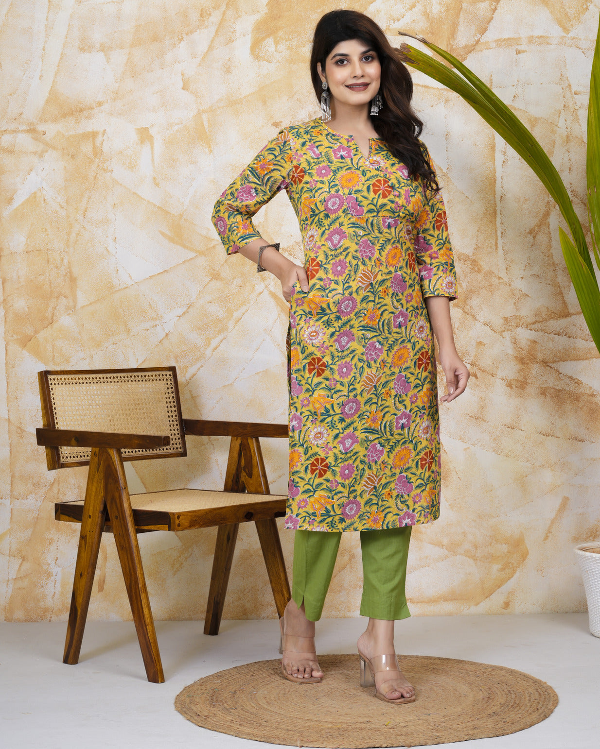 Yellow With Floral Print Cotton Kurti