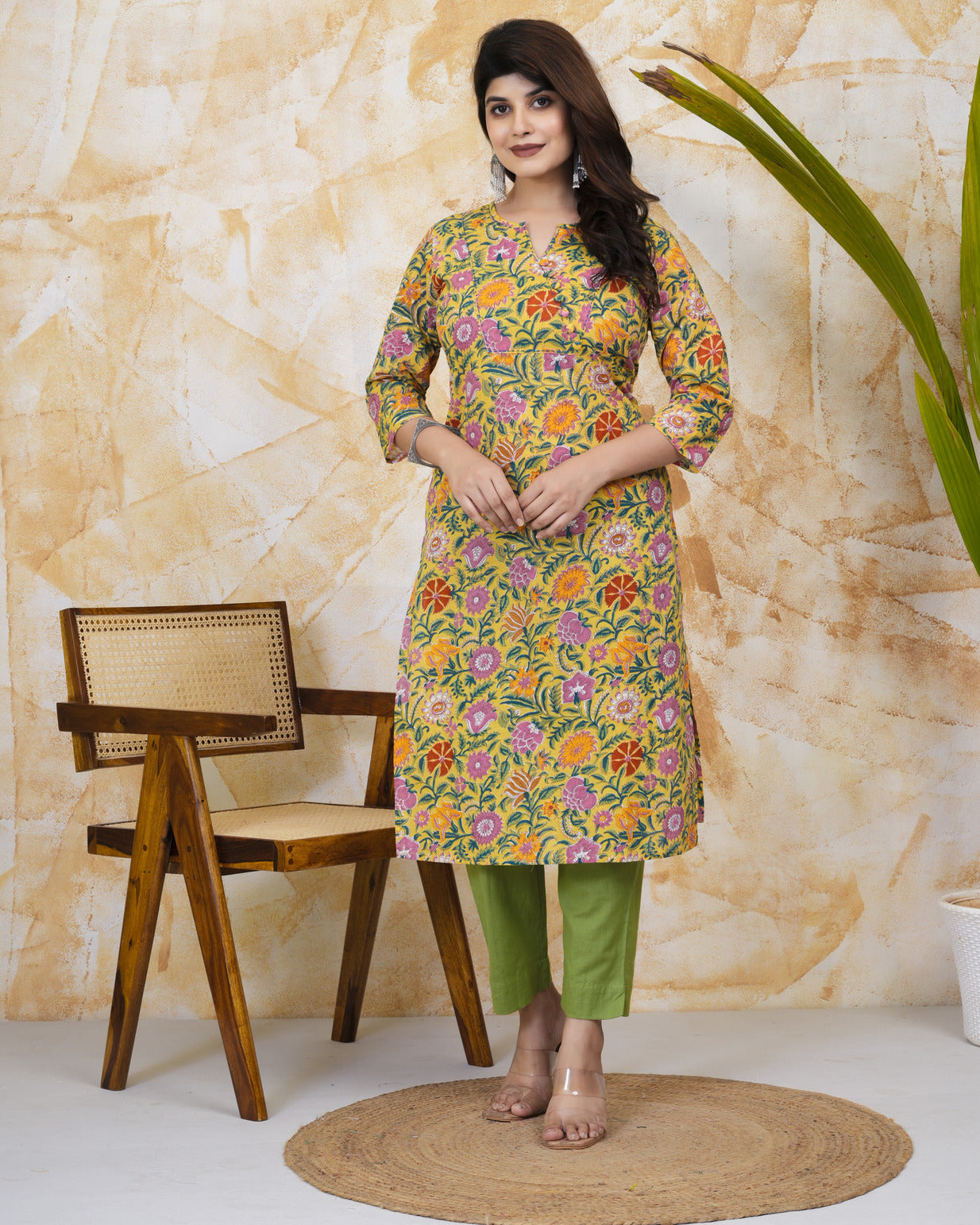 Yellow With Floral Print Cotton Kurti