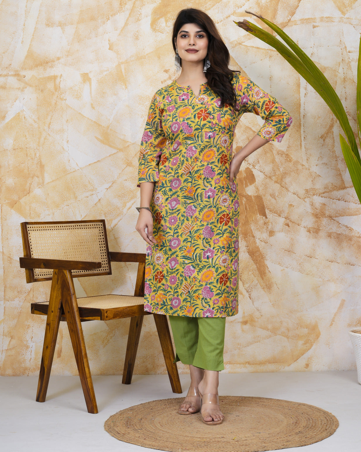 Yellow With Floral Print Cotton Kurti