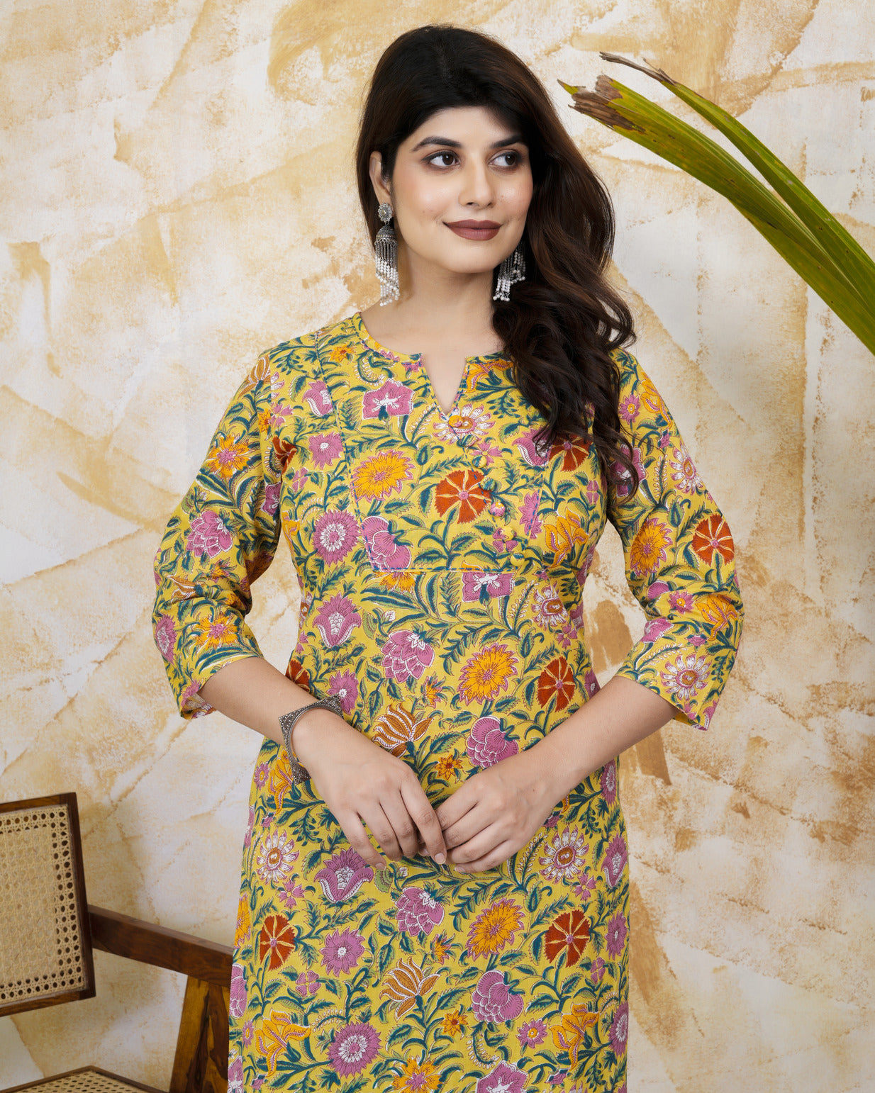 Yellow With Floral Print Cotton Kurti