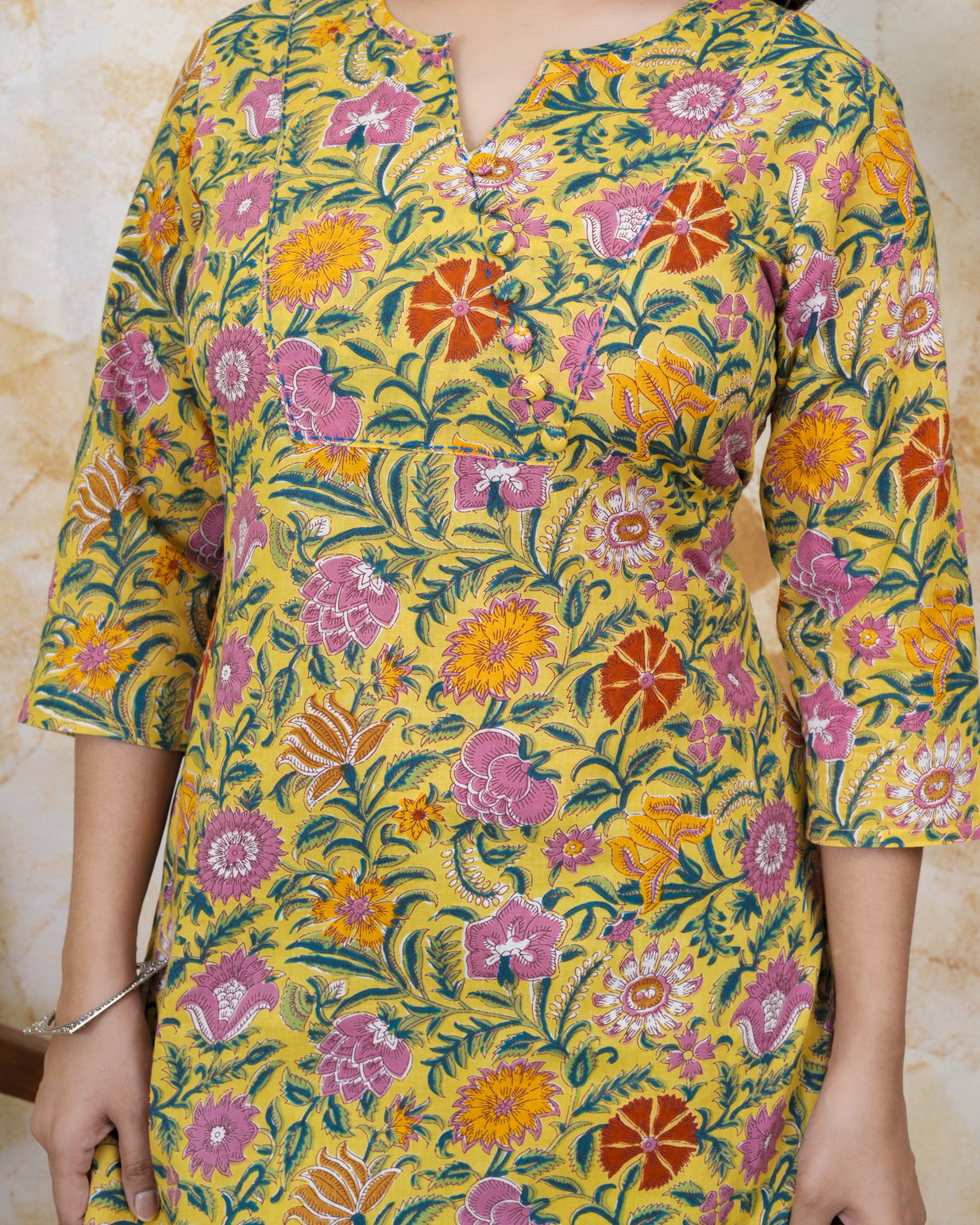 Yellow With Floral Print Cotton Kurti