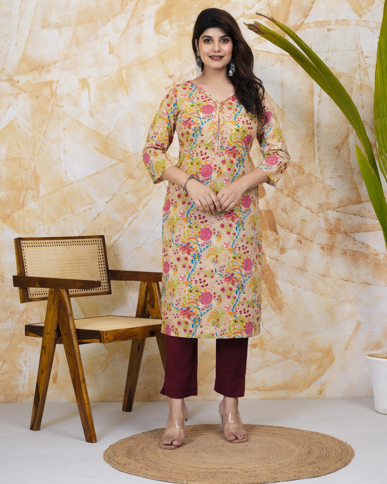 Beige With Floral Print Cotton Kurti