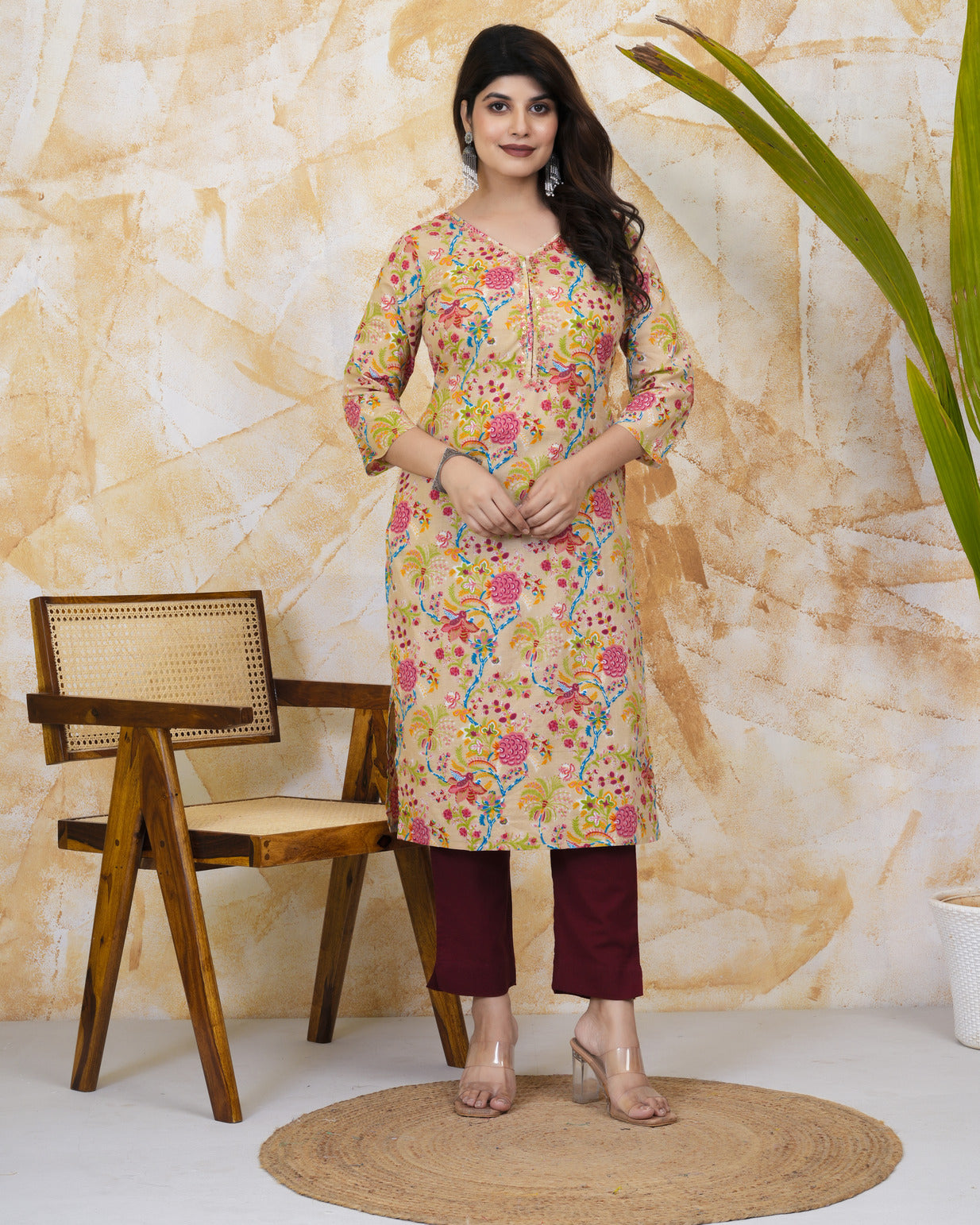 Beige With Floral Print Cotton Kurti