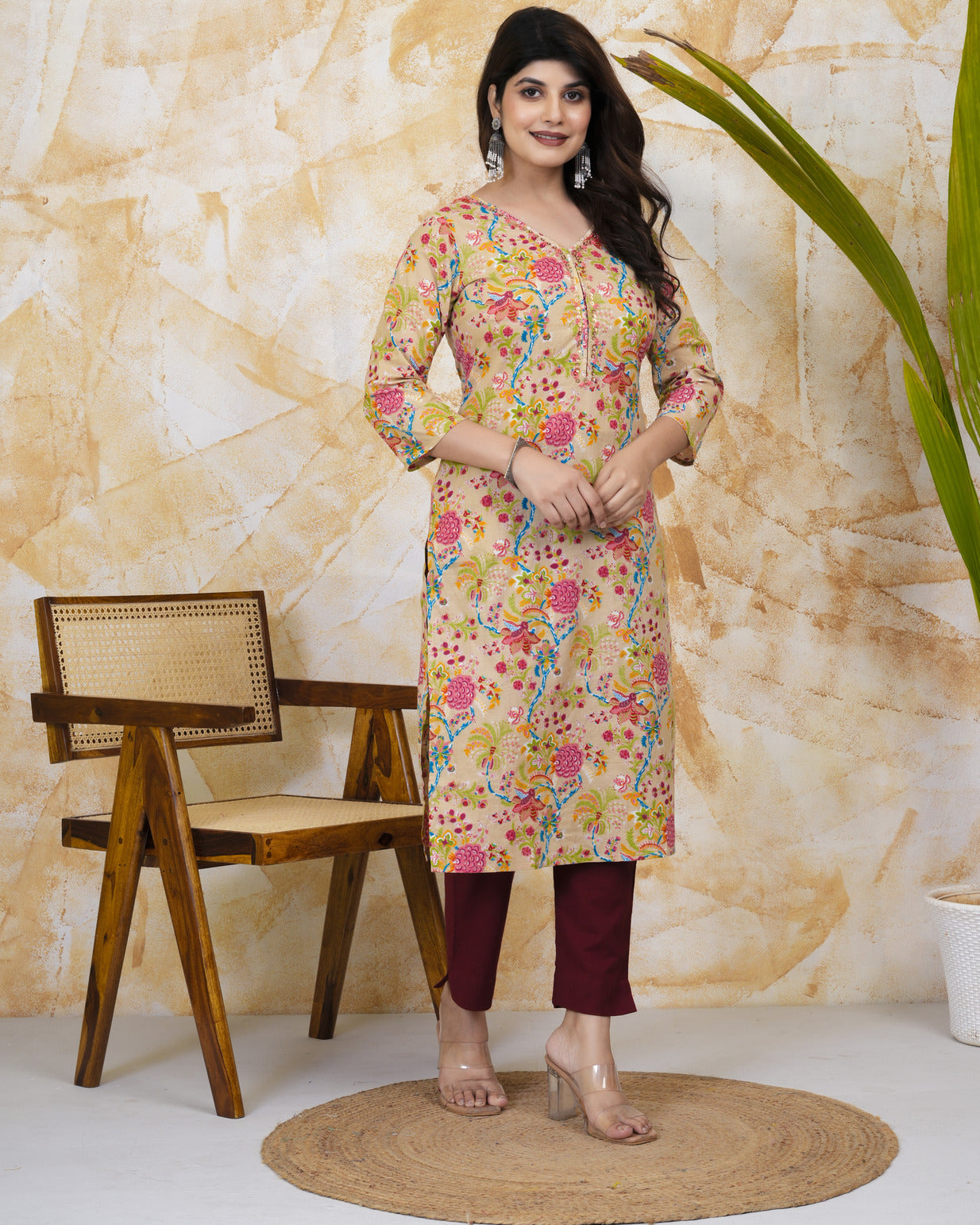 Beige With Floral Print Cotton Kurti