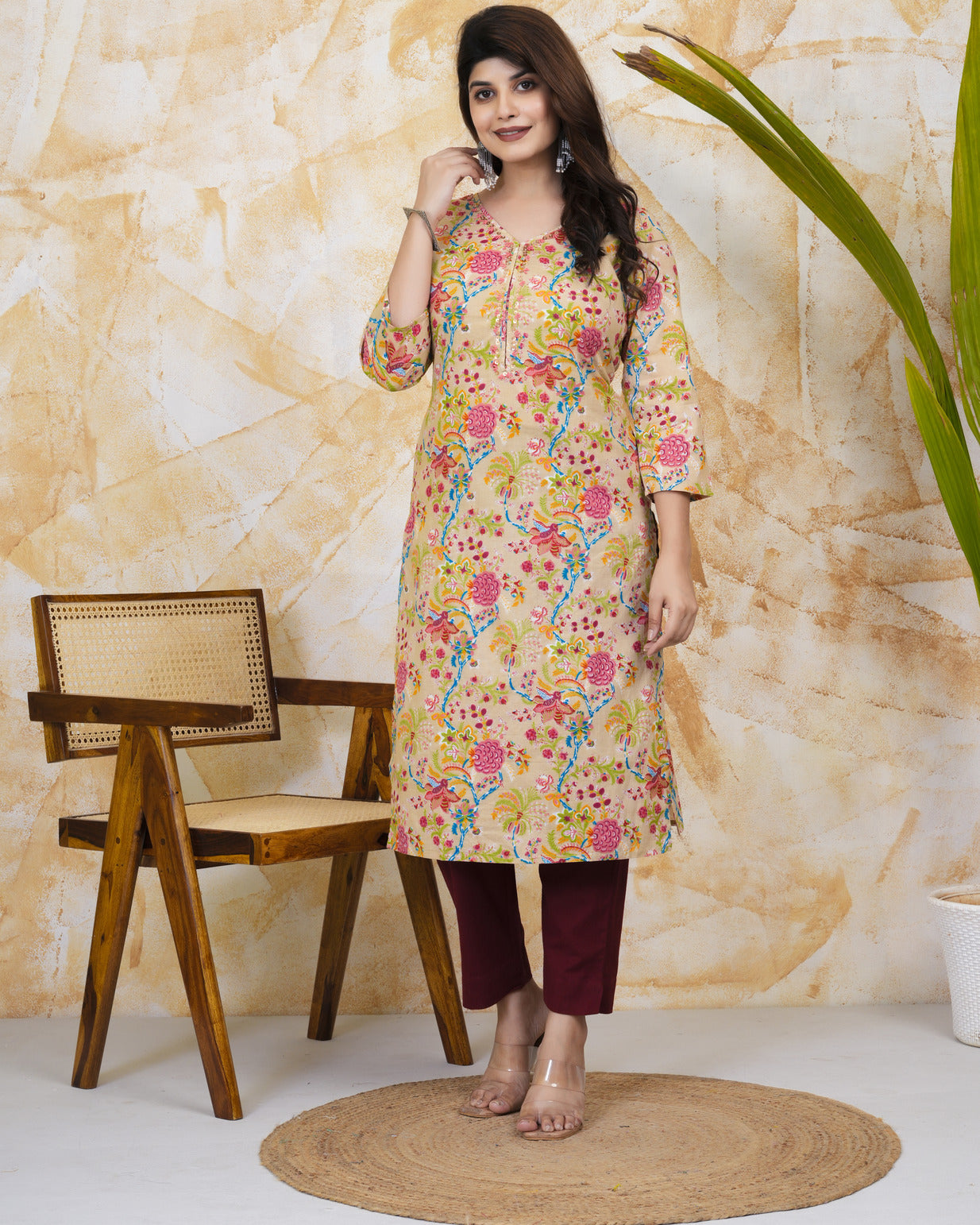 Beige With Floral Print Cotton Kurti