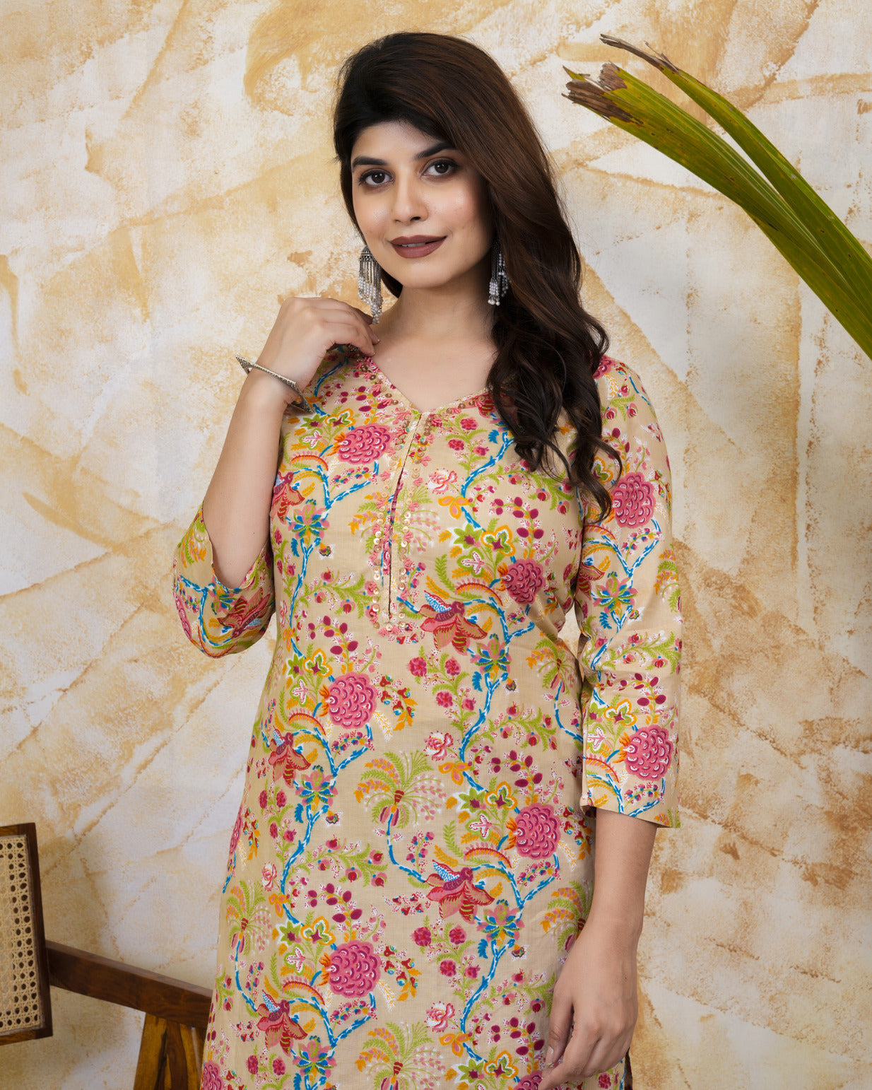 Beige With Floral Print Cotton Kurti