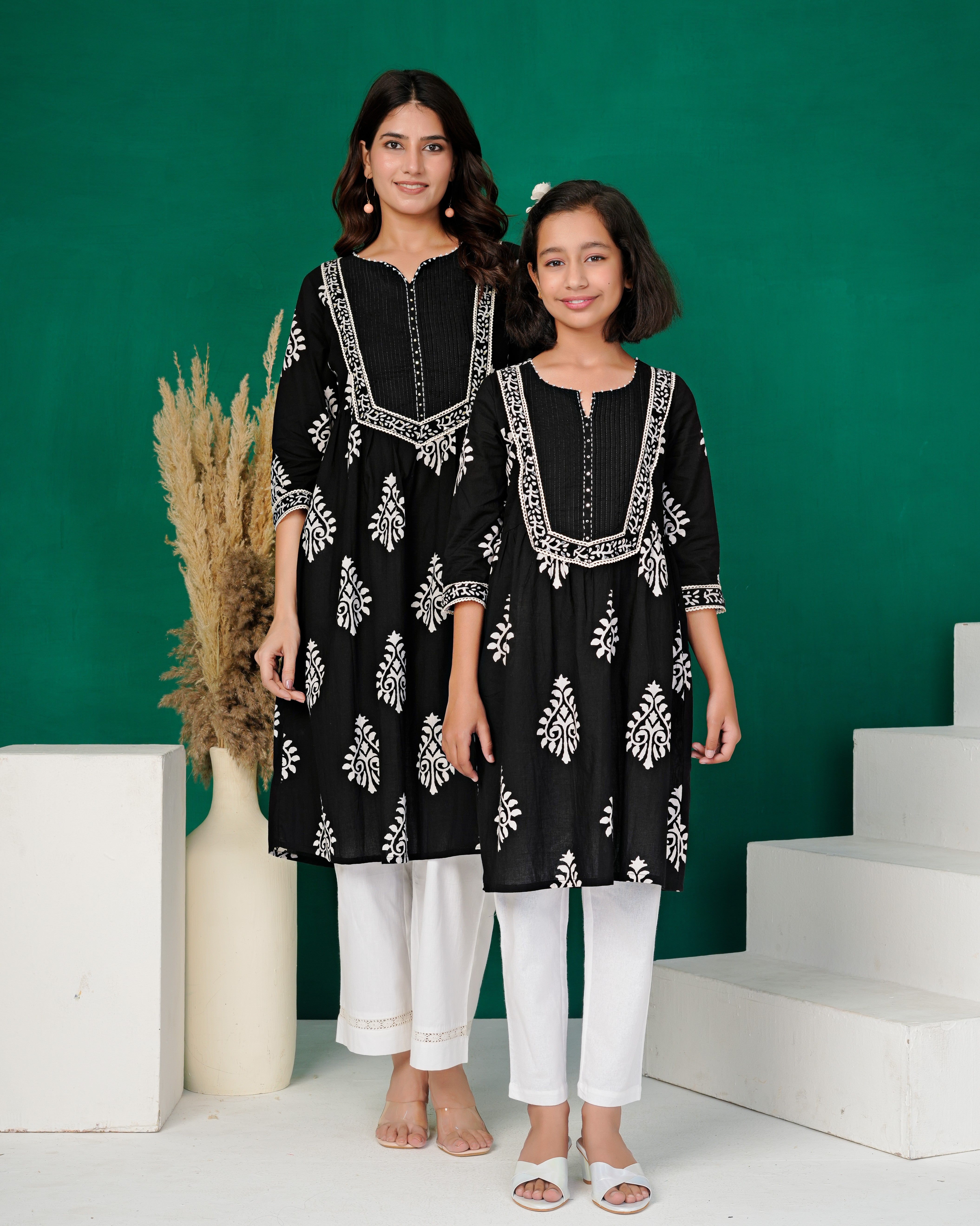 Black Hand-Block Patch Yoke Cotton Kurta