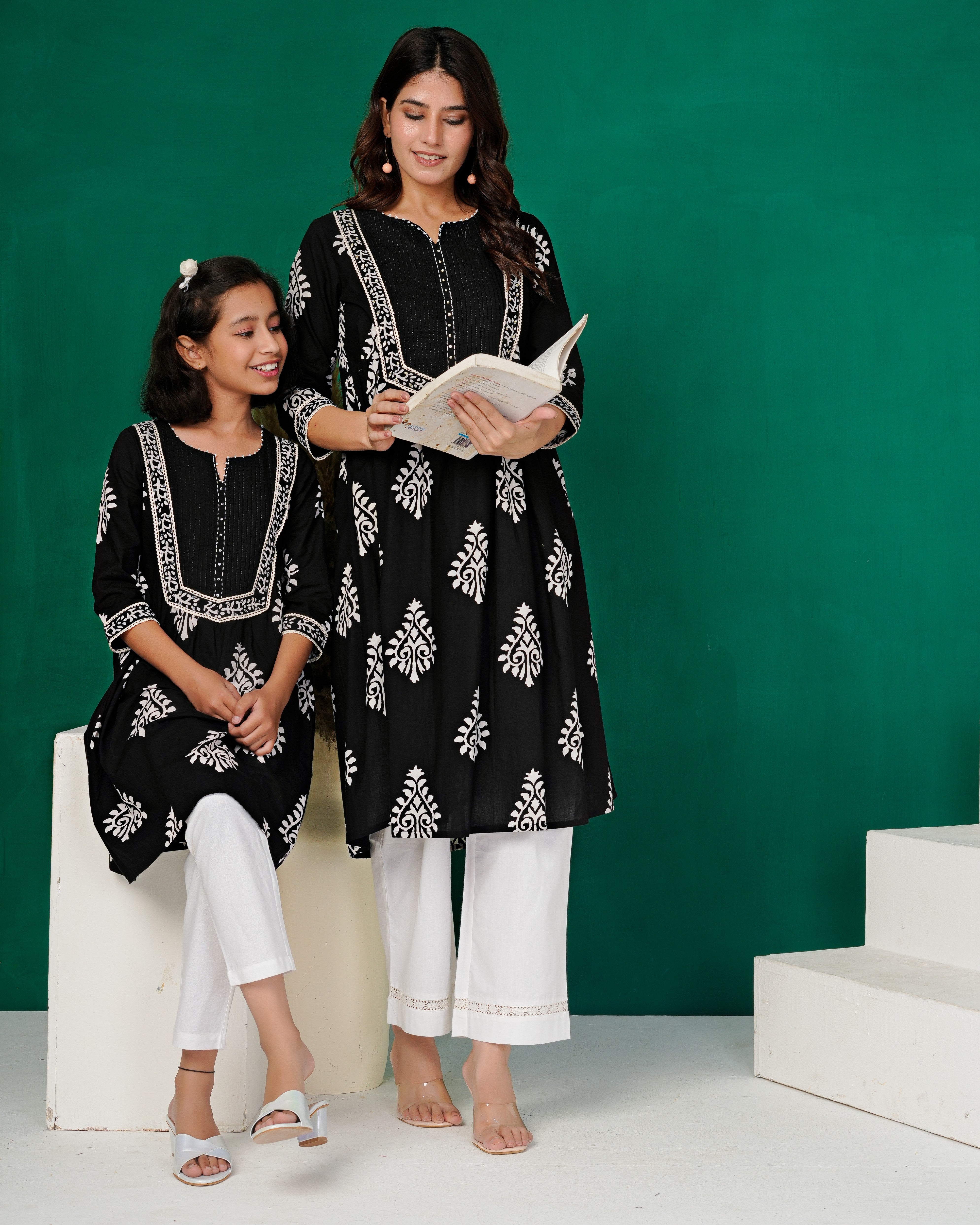 Black Hand-Block Patch Yoke Cotton Kurta