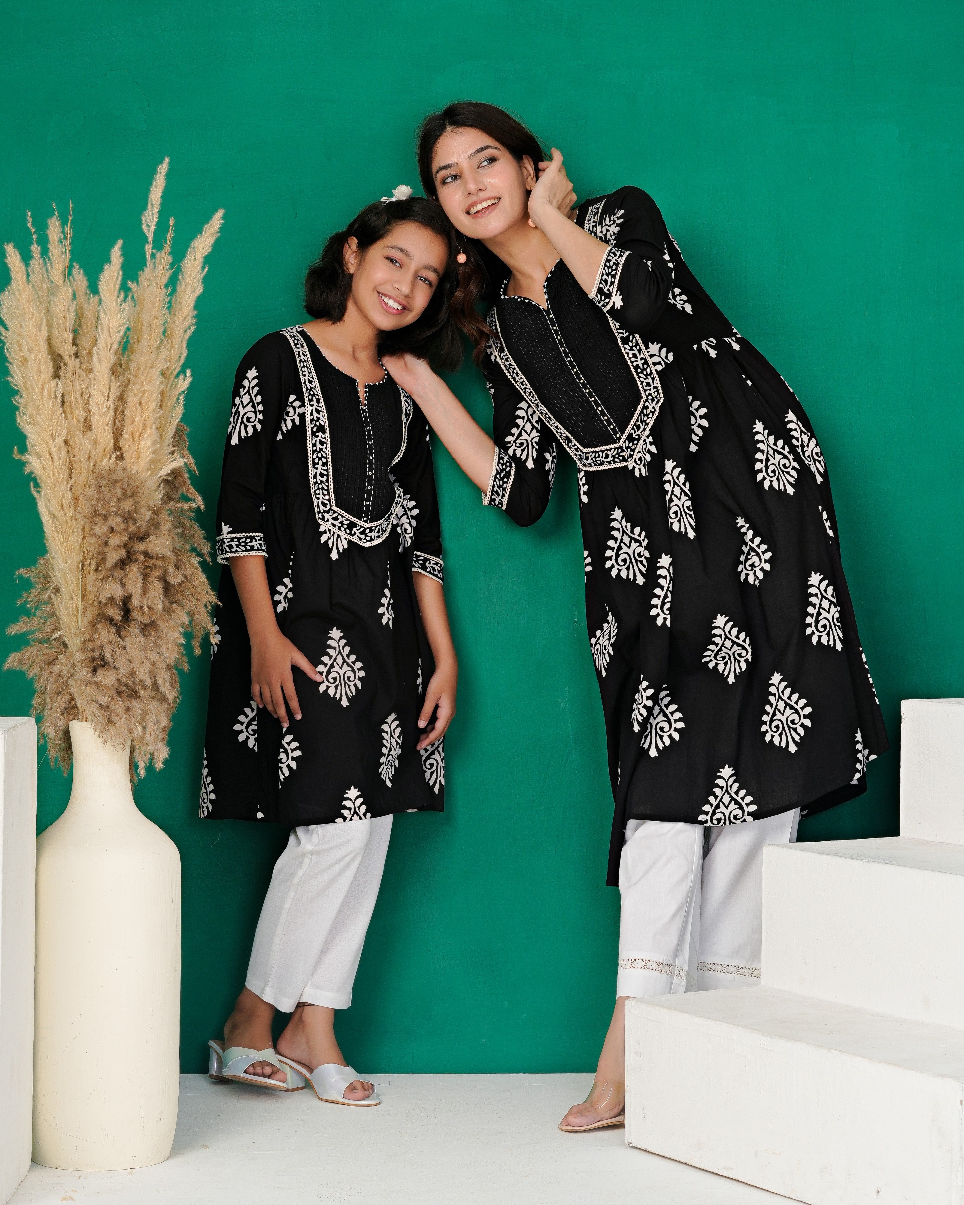 Black Hand-Block Patch Yoke Cotton Kurta