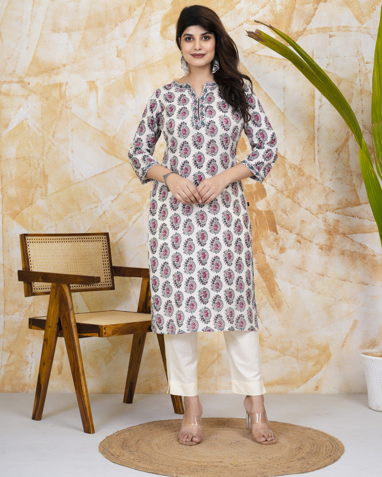 White With Floral Print Cotton Kurti