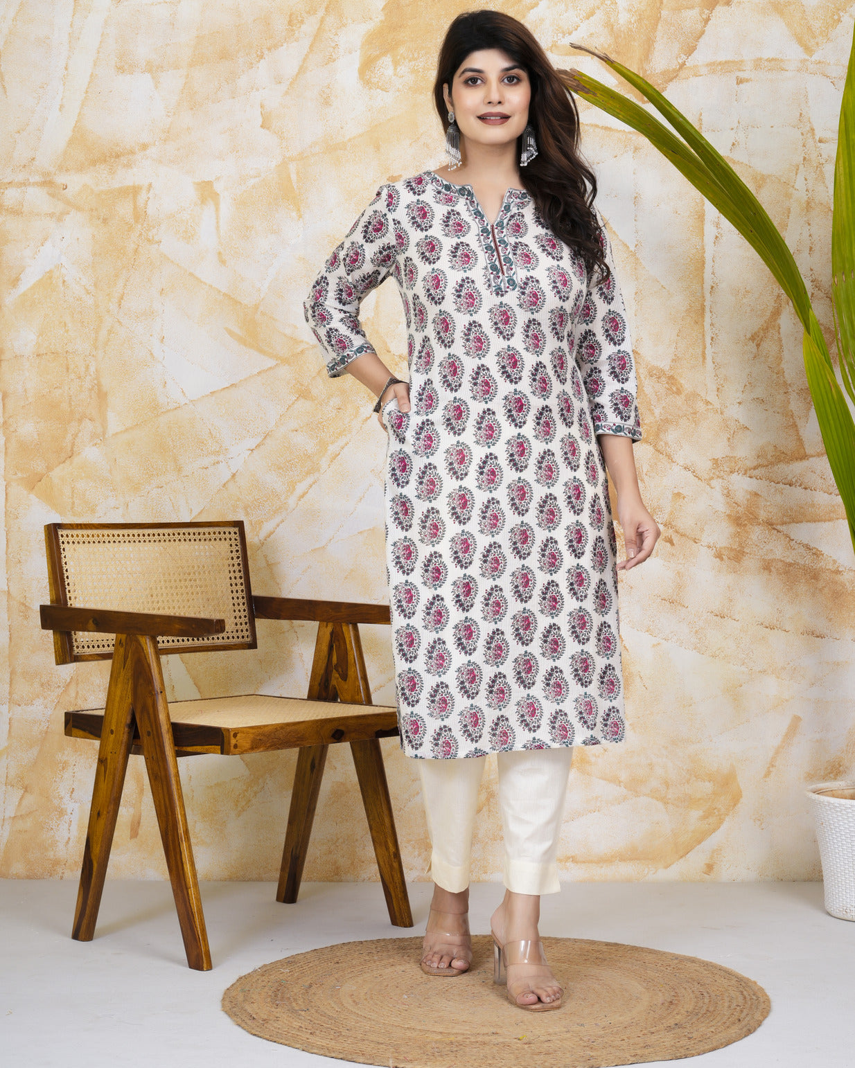 White With Floral Print Cotton Kurti