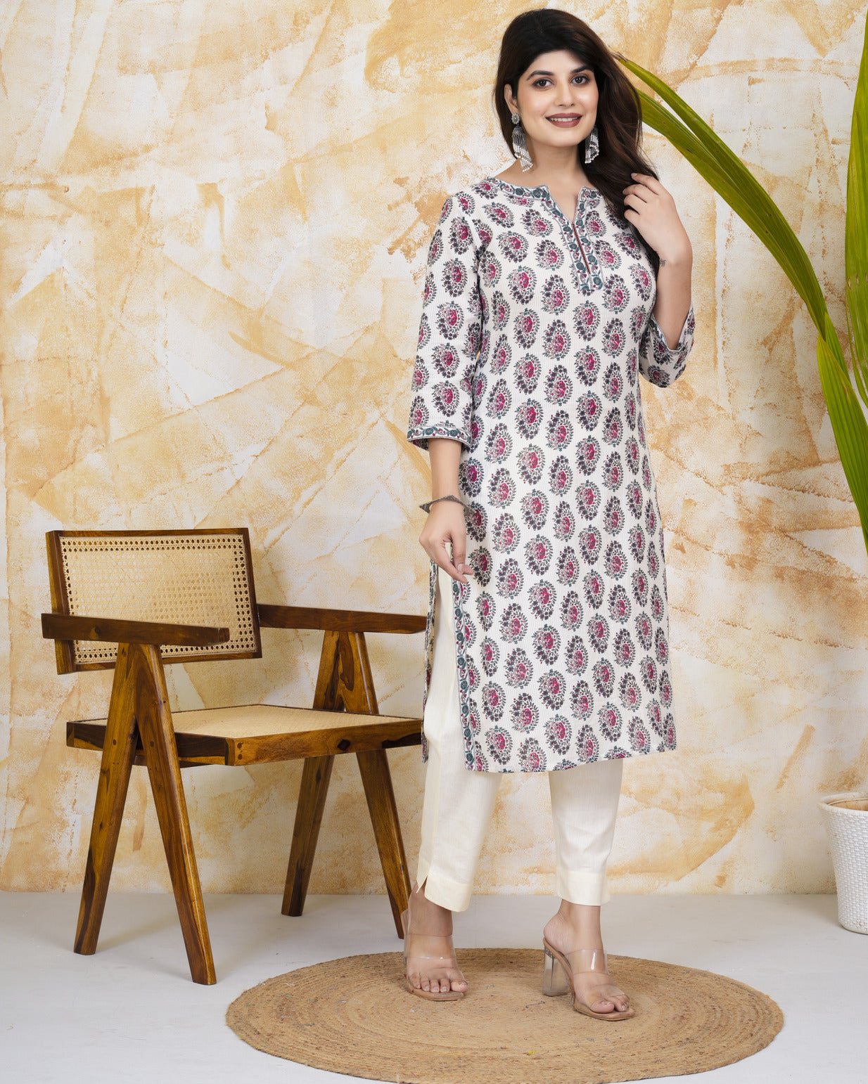 White With Floral Print Cotton Kurti