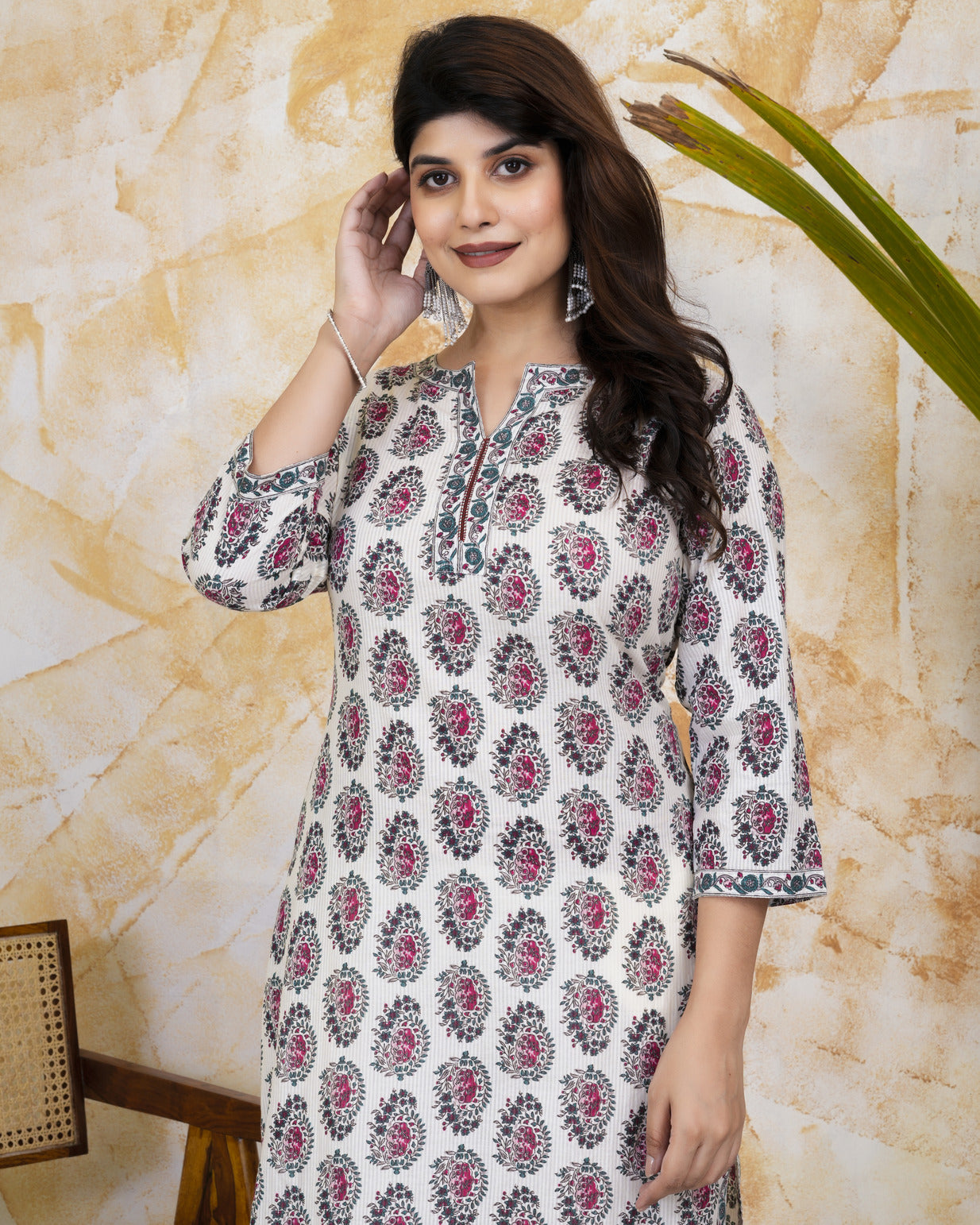 White With Floral Print Cotton Kurti