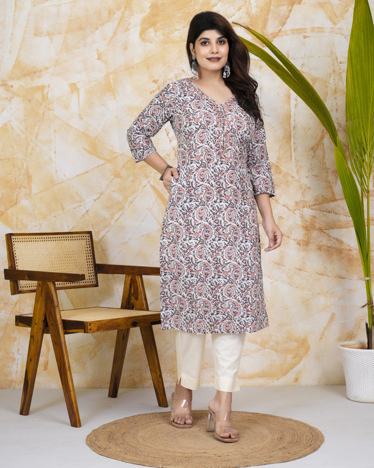 White With Black Floral Print Cotton Kurti