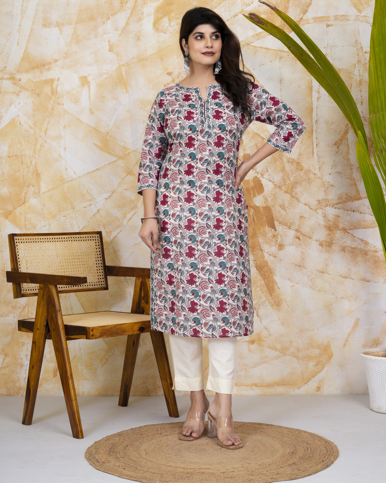 White With Multicolor Floral Print Cotton Kurti