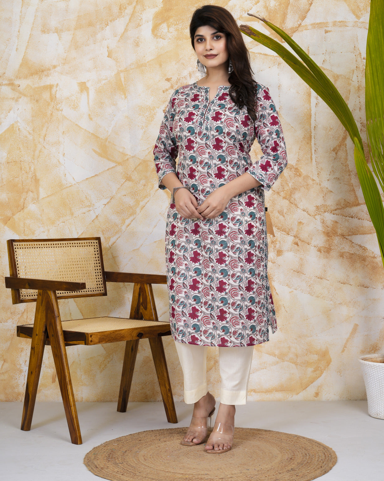 White With Multicolor Floral Print Cotton Kurti