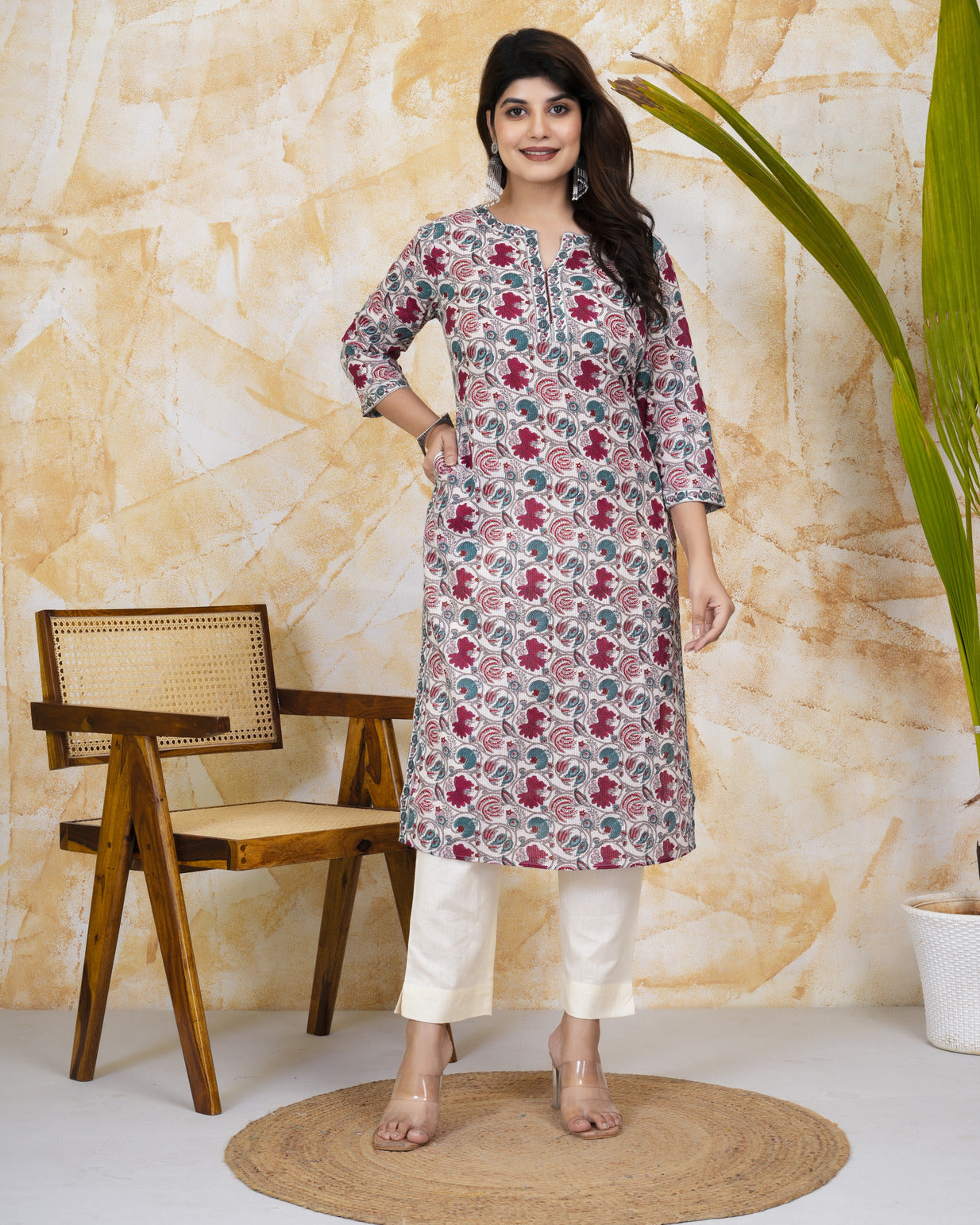 White With Multicolor Floral Print Cotton Kurti