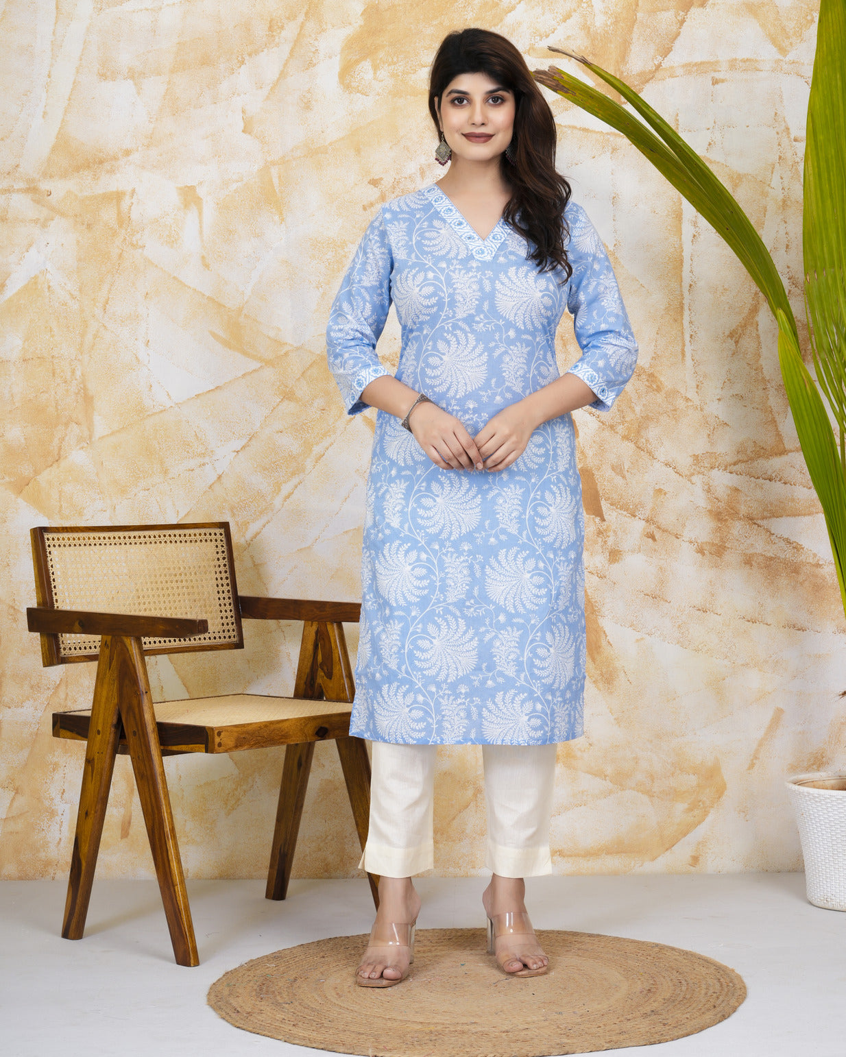 Sky Blue With White Floral Print Cotton Kurti