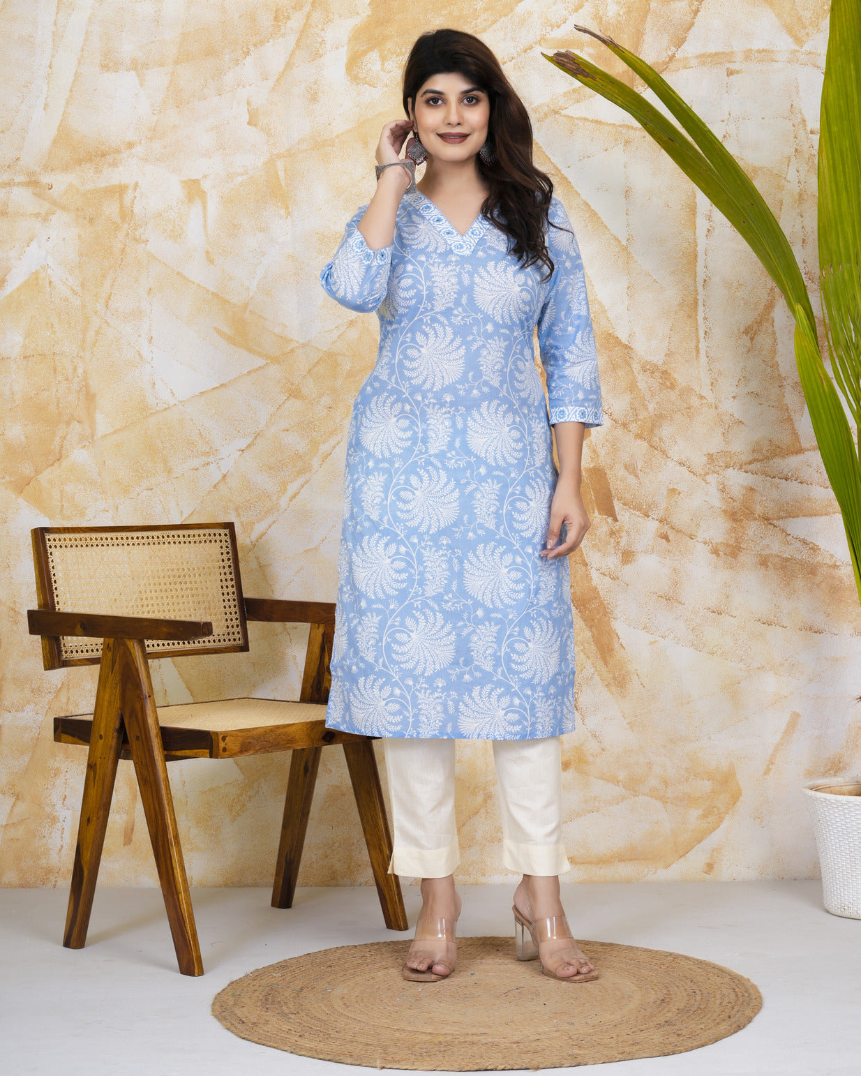 Sky Blue With White Floral Print Cotton Kurti