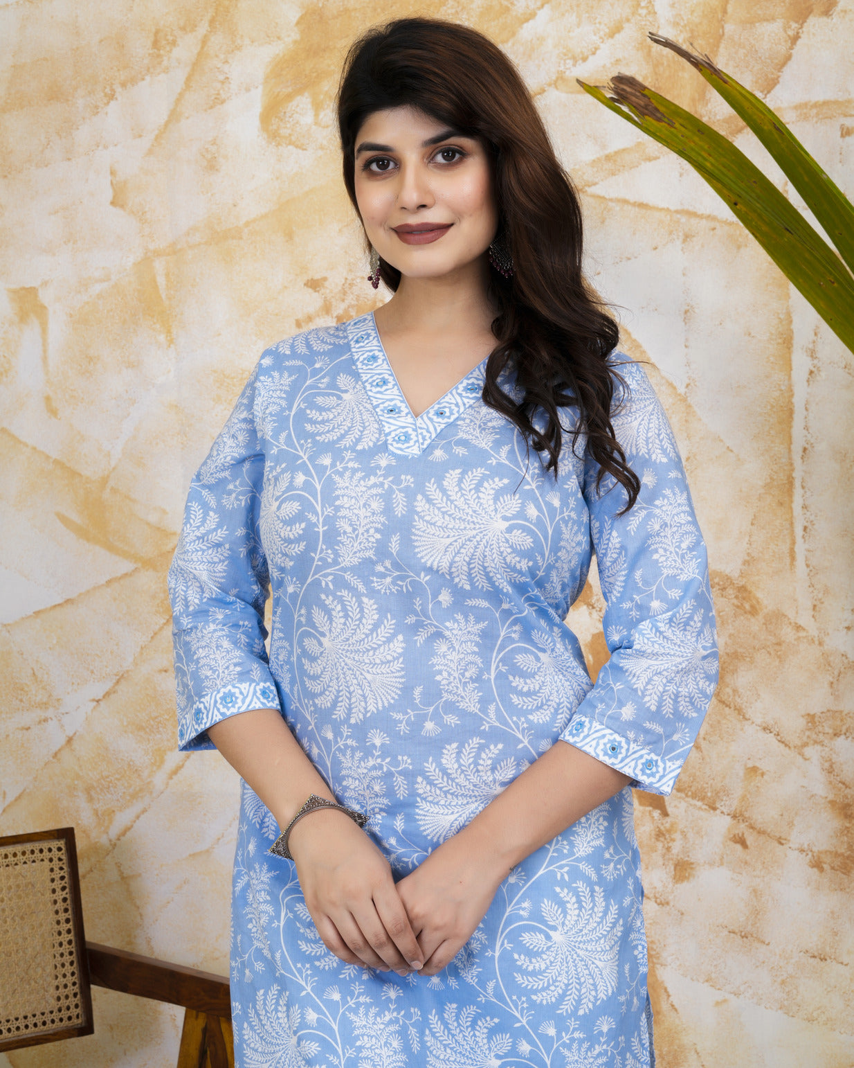 Sky Blue With White Floral Print Cotton Kurti