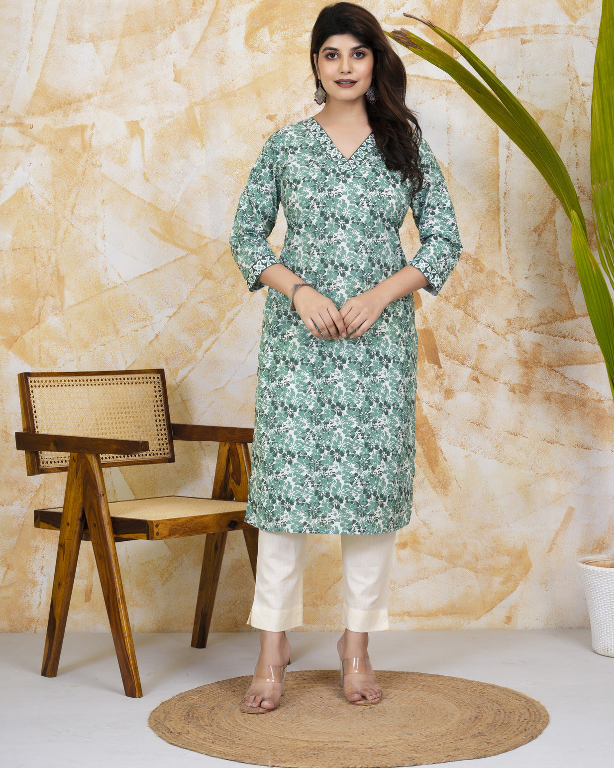 Green With White Floral Print Cotton Kurti