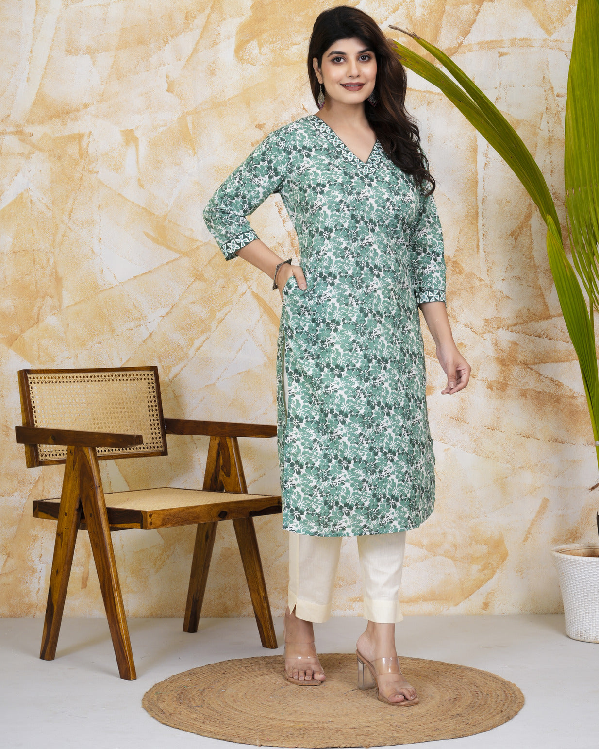 Green With White Floral Print Cotton Kurti