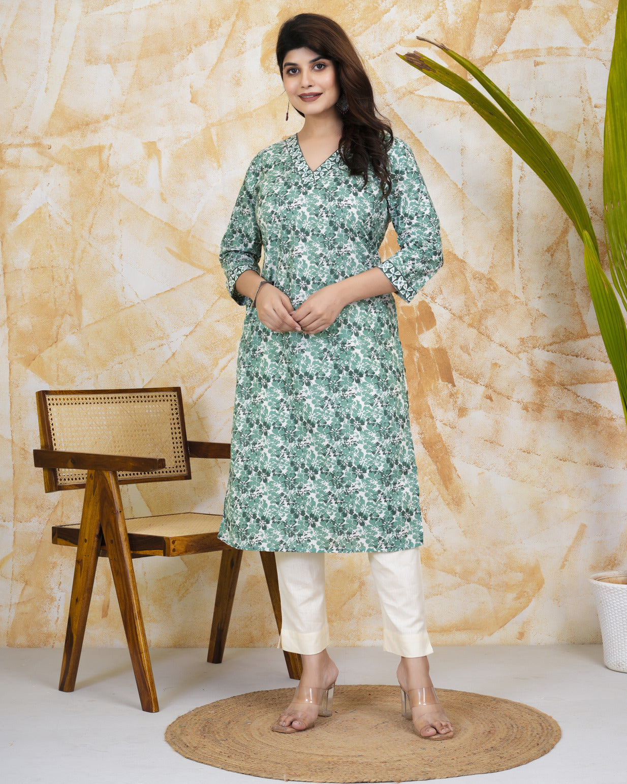 Green With White Floral Print Cotton Kurti